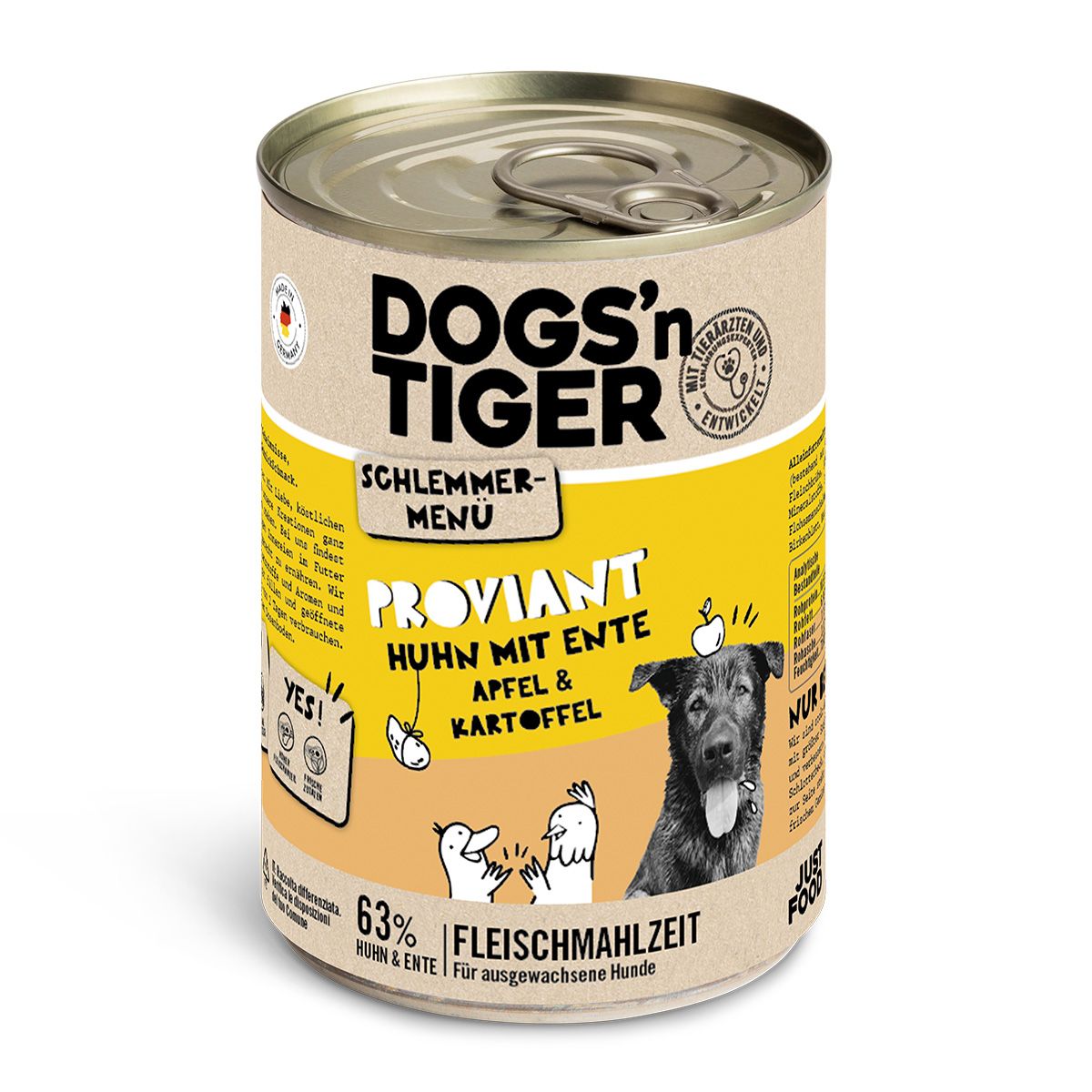 Hundefutter-Dose. Aufschrift: Dogs'n Tiger, Schlemmer-Menü, Huhn mit Ente, Apfel & Kartoffel. 63% Fleischmahlzeit. Mit Logo und Text.