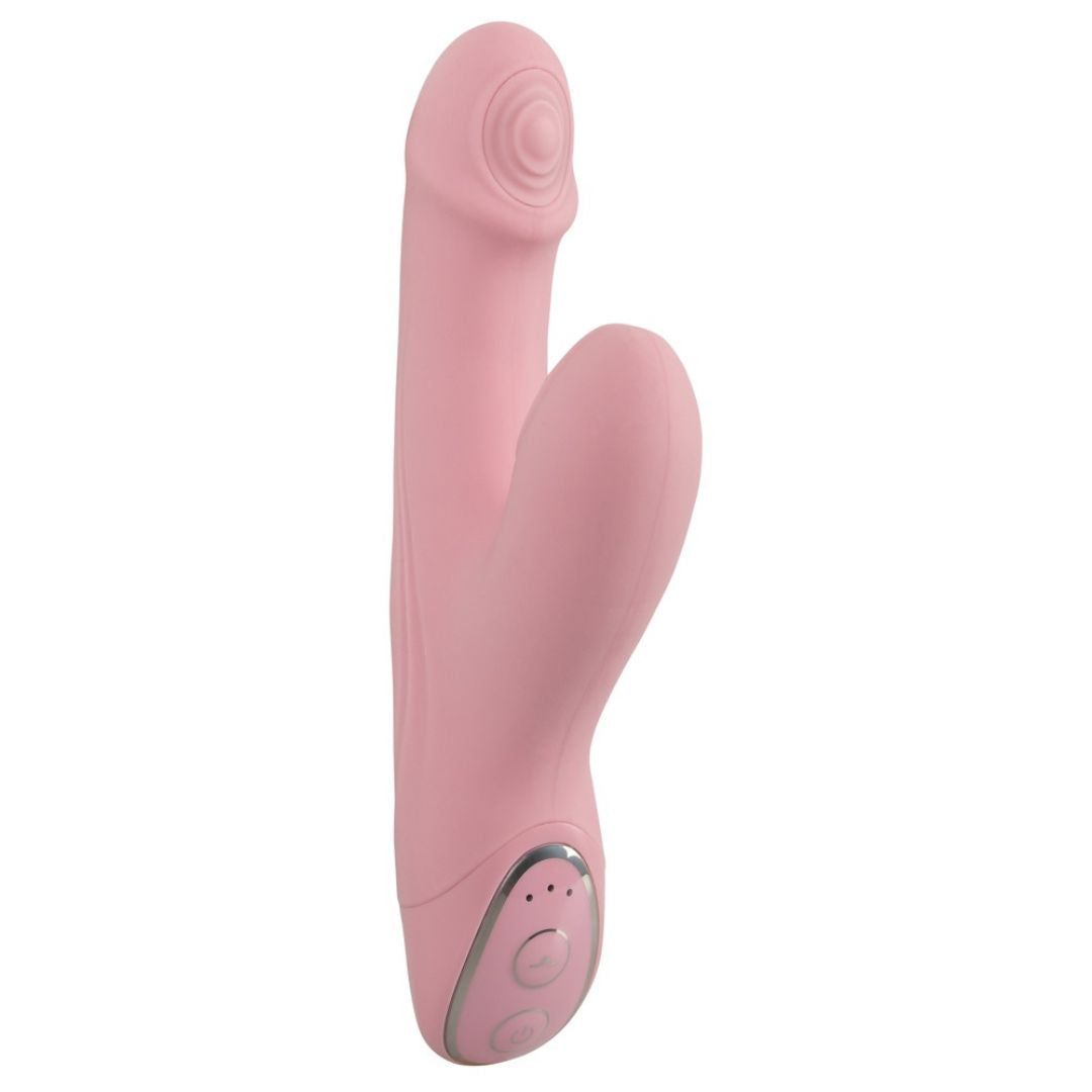 Rosa Vibrator mit Klopf-Funktion. Hat eine längliche Form mit einem gebogenen Teil. Am unteren Ende befinden sich Knöpfe.