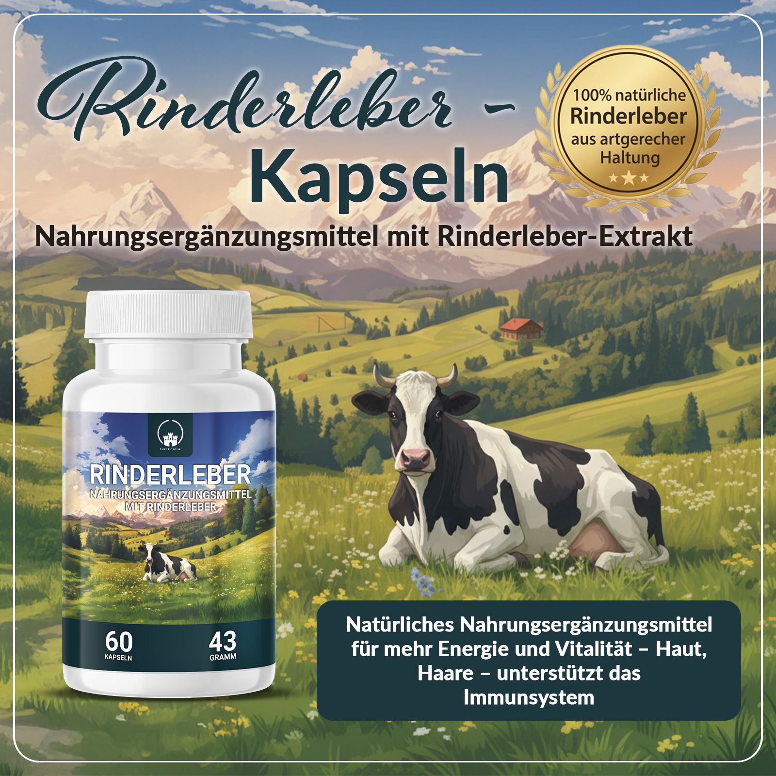 Produktwerbung. Weiße Flasche mit Kapseln, Kuh auf Wiese. Text: Rinderleber-Kapseln, Nahrungsergänzungsmittel. 100% natürliche Rinderleber.