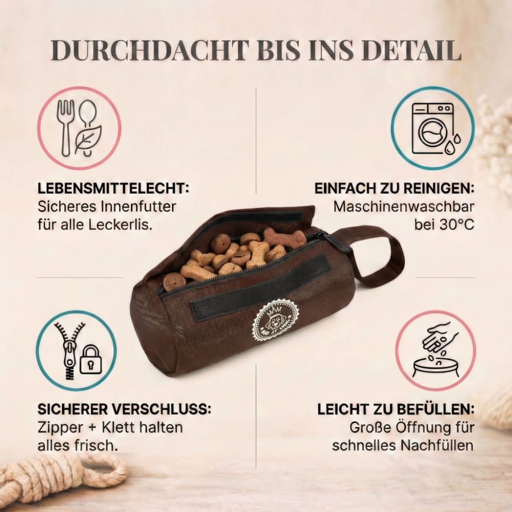 Futterbeutel mit Inhalt. Text: Lebensmittelecht, einfach zu reinigen, sicherer Verschluss, leicht zu befüllen. Symbole.