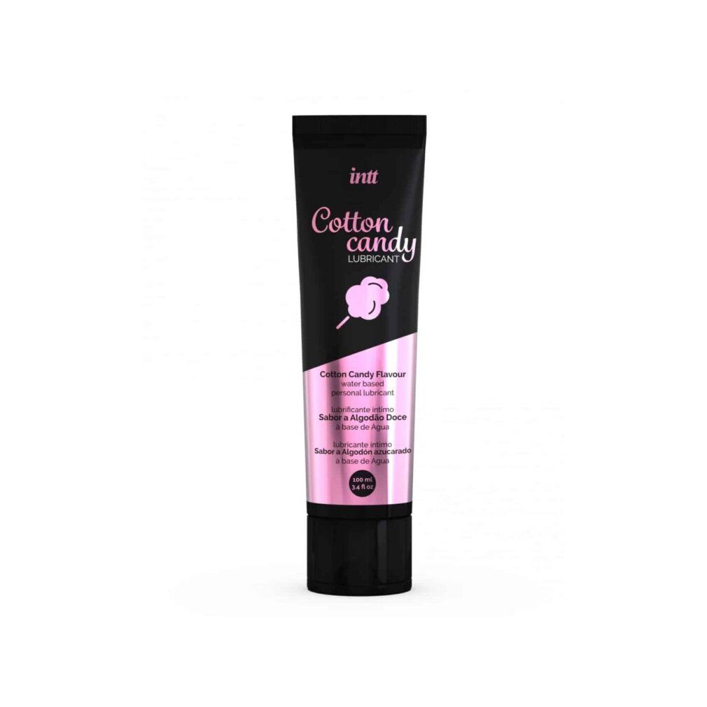 Schwarze Tube mit rosa Akzenten. Aufschrift: Cotton candy Lubricant. Inhaltsangabe: Wasserbasiertes Gleitmittel.