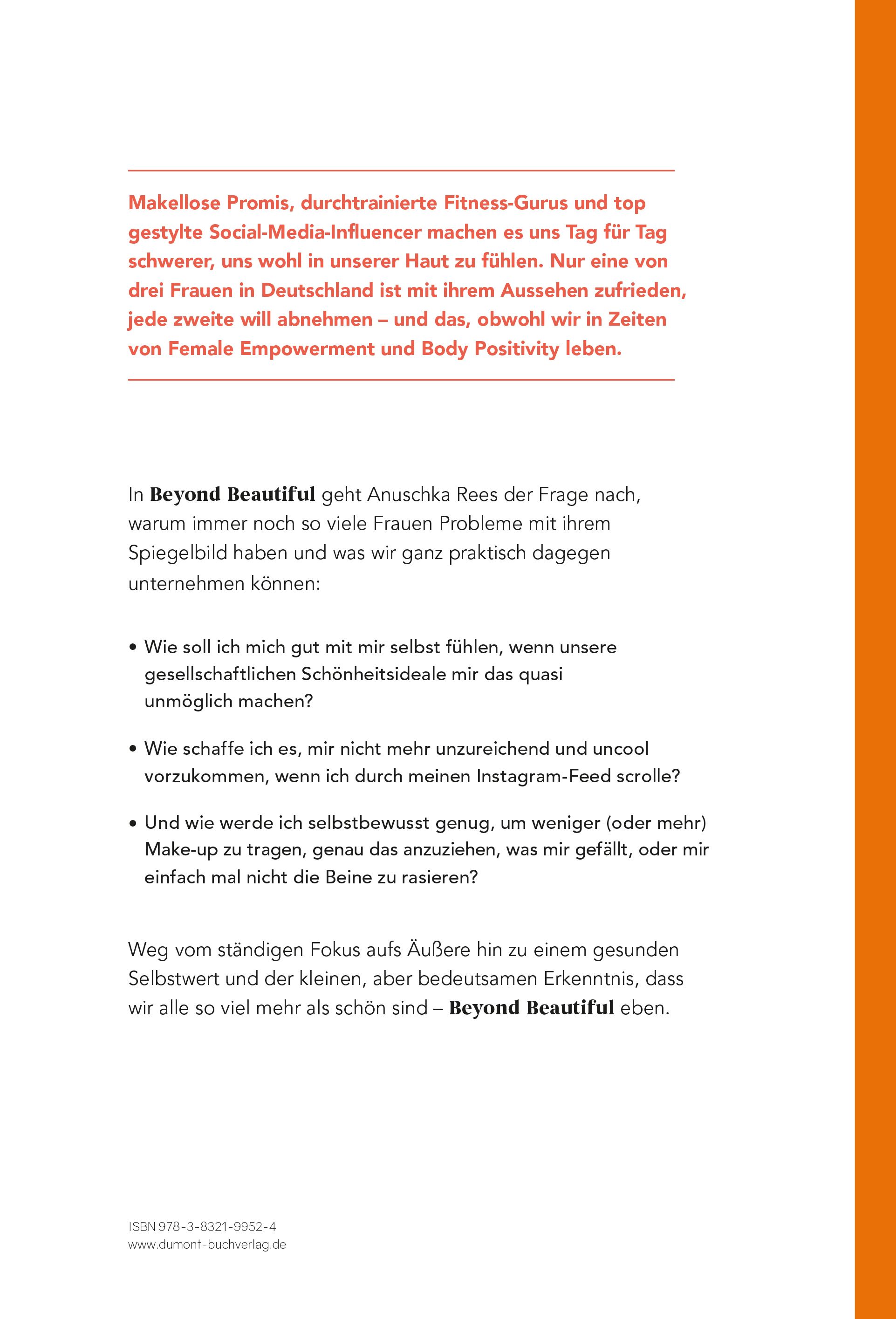 Rückseite des Buches "Beyond Beautiful". Text in deutscher Sprache, weißer Hintergrund, orangefarbener Streifen.