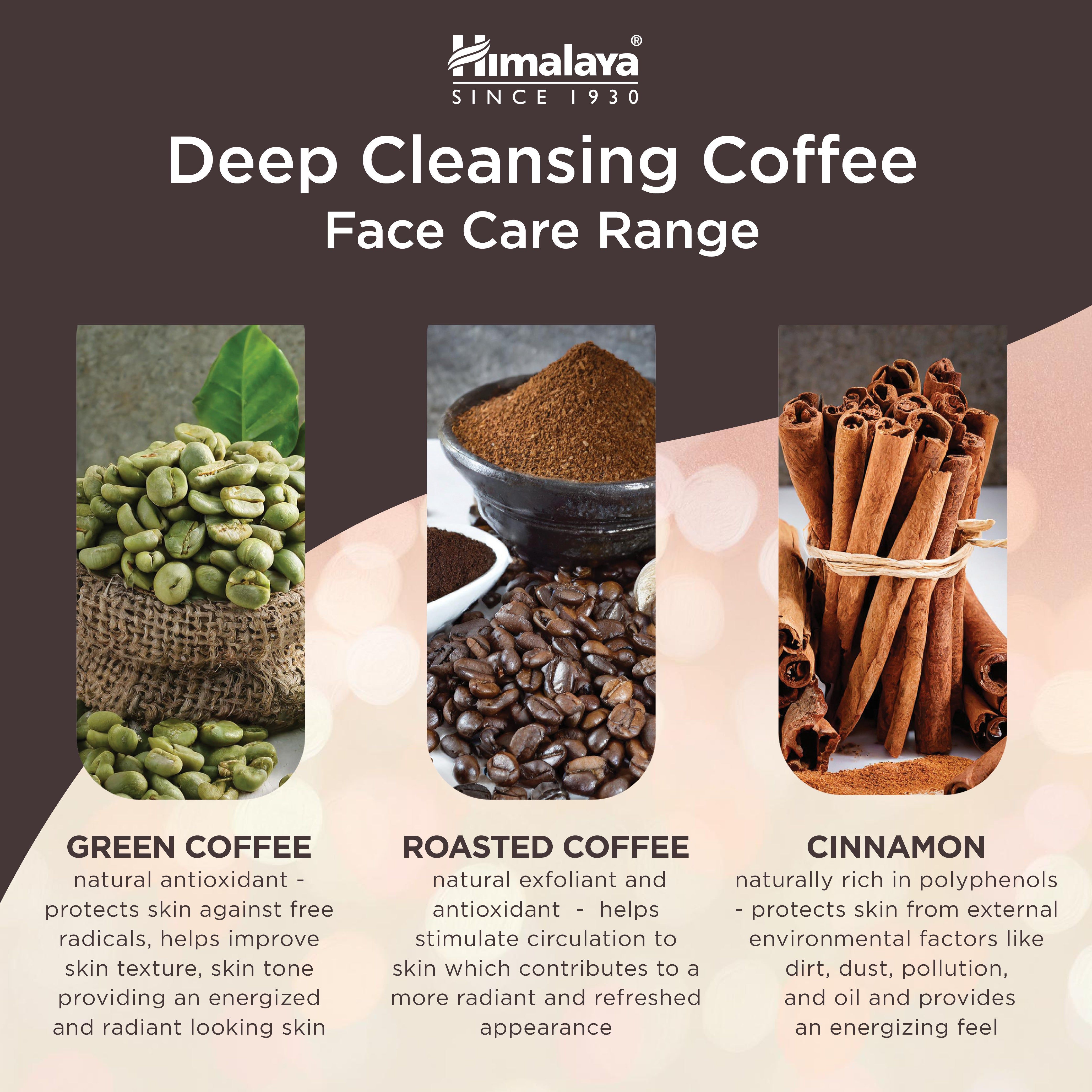 Inhaltsstoffe der Himalaya Gesichtsmaske: grüner Kaffee, gerösteter Kaffee, Zimt.