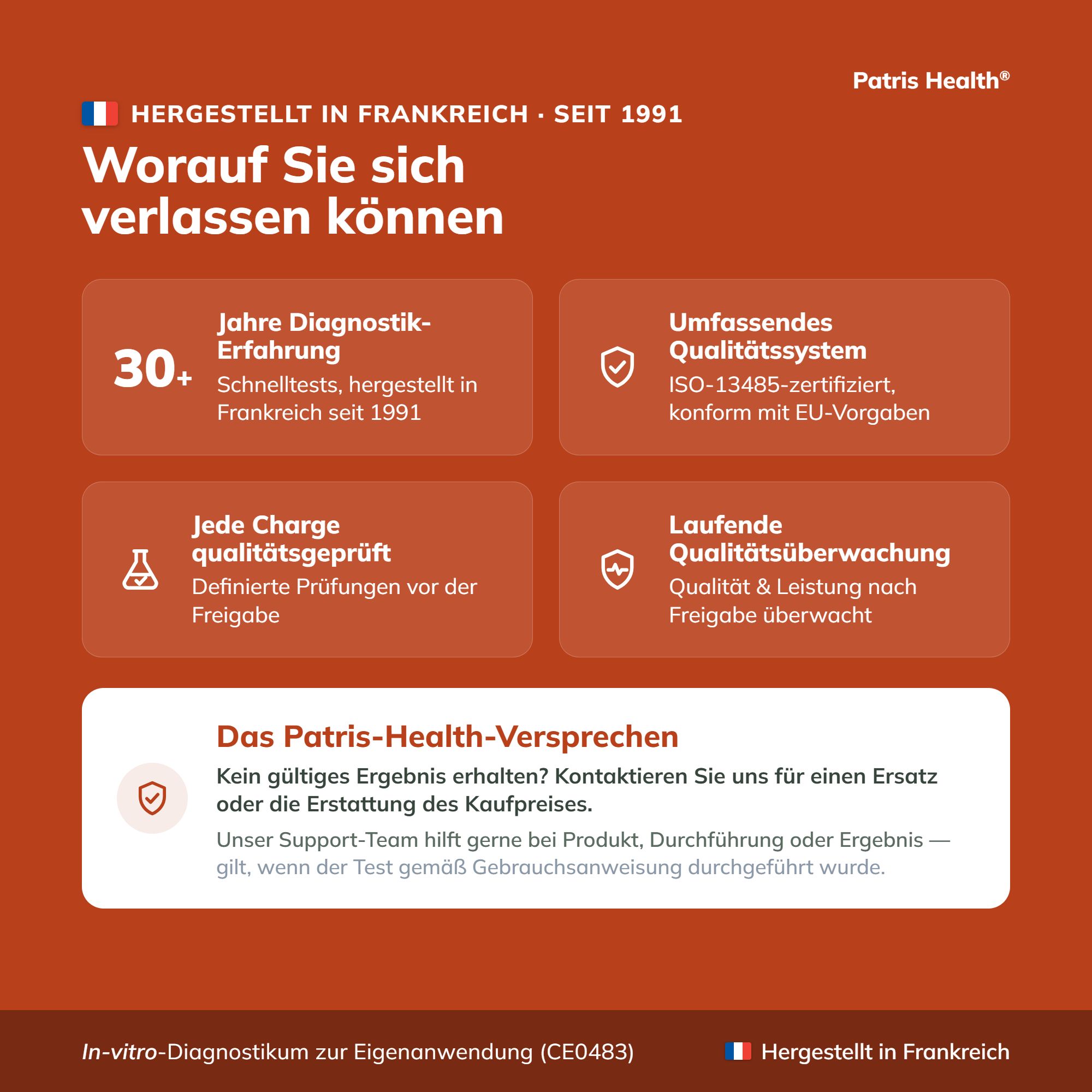 Einfache 3-Schritte-Anleitung für den PSA Home Test: Blutstropfen, Mittel zugeben, Ergebnis ablesen.