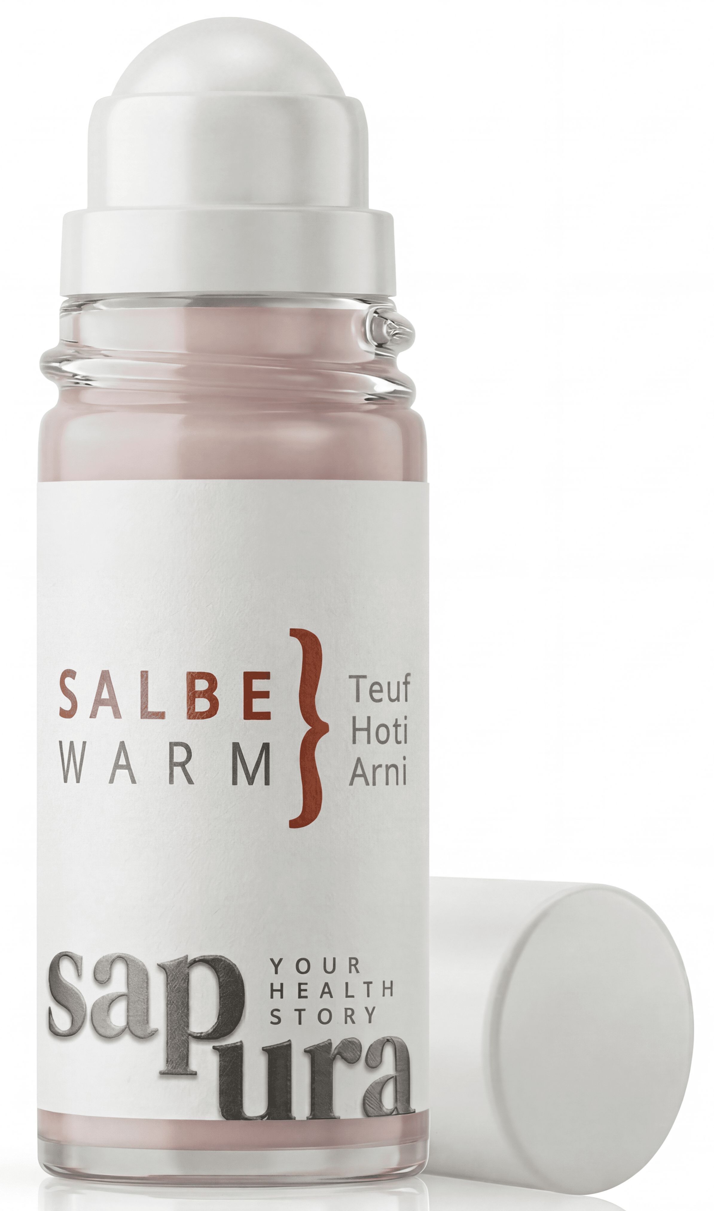Roll-on-Flasche mit weißem Deckel. Aufschrift: WARM SALBE, sapura. Deckel liegt daneben.
