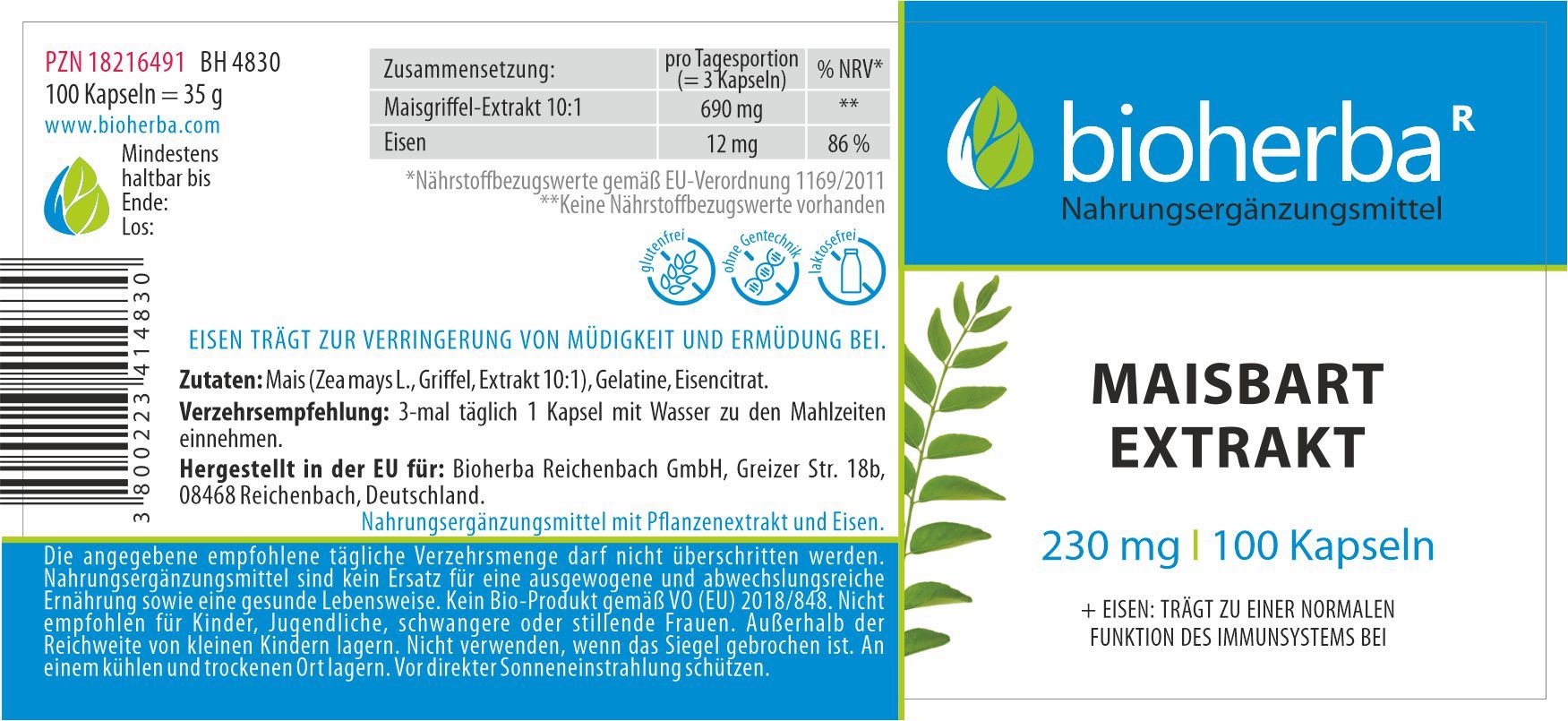 Etikett mit Produktinformationen: Maisbart Extrakt, 230 mg, 100 Kapseln. Marke Bioherba. Enthält Nährwertangaben und Inhaltsstoffe.