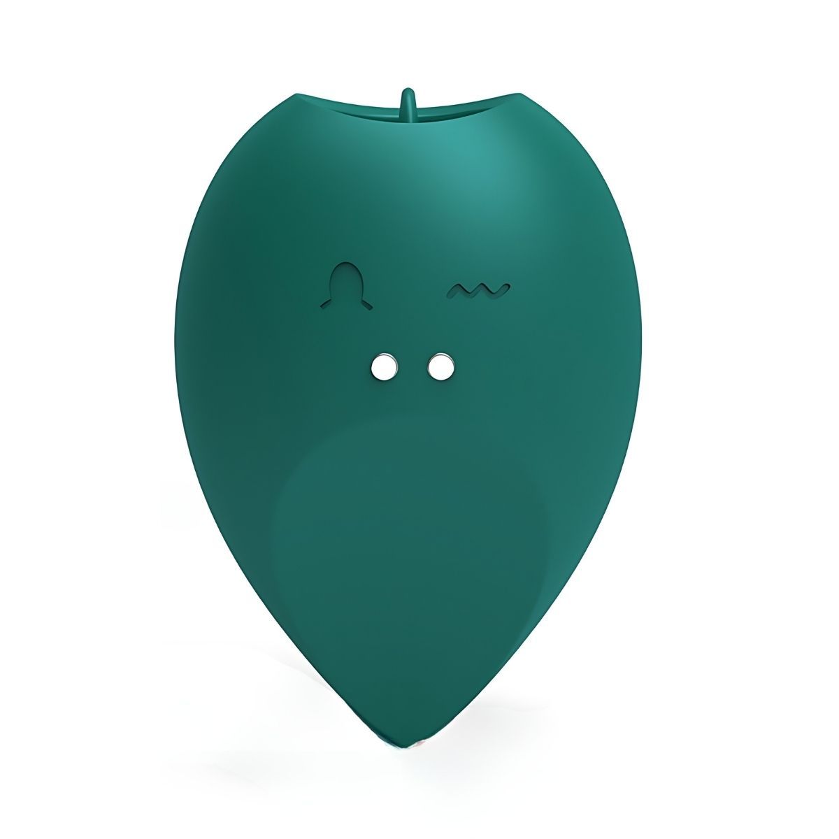 Grüner, tropfenförmiger Vibrator. Zwei Knöpfe und zwei Symbole sind sichtbar. Einfaches Design.