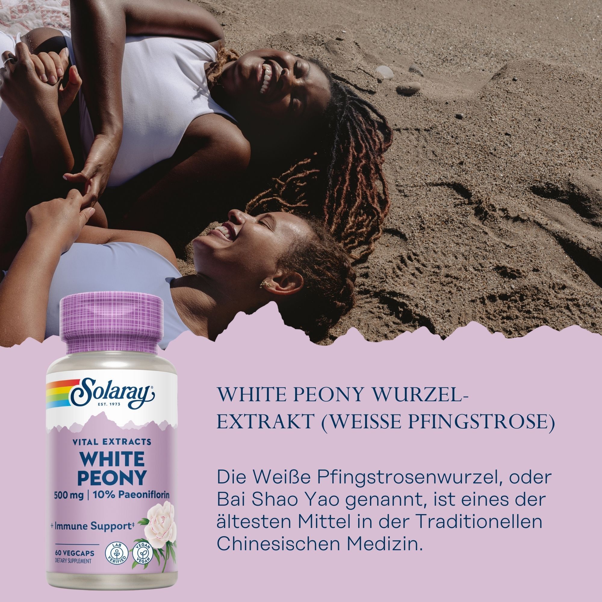 Solaray White Peony-Kapseln. Flasche mit lila Deckel, weißem Etikett und Regenbogen-Logo. Text: White Peony, 500 mg, 60 Vegicaps.