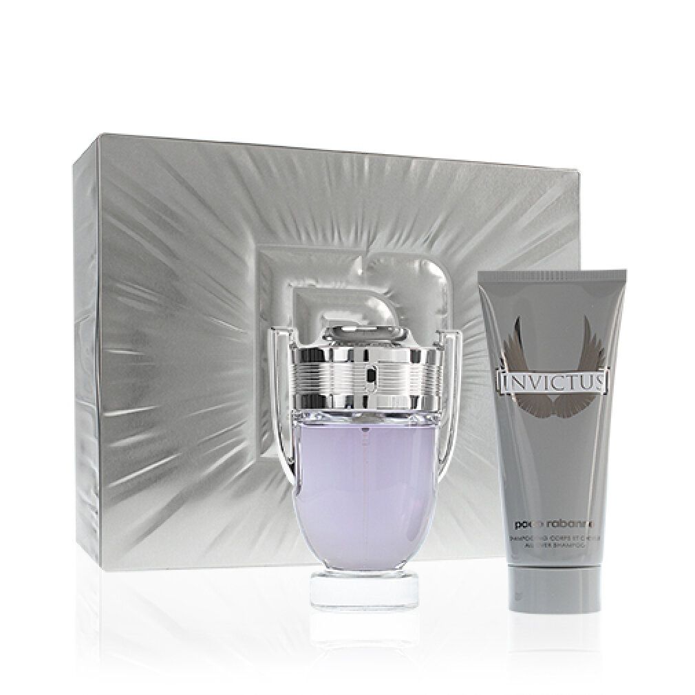 Paco Rabanne Invictus Parfümset mit Duschgel. Silberne Geschenkbox, Parfümflakon und Duschgelflasche.