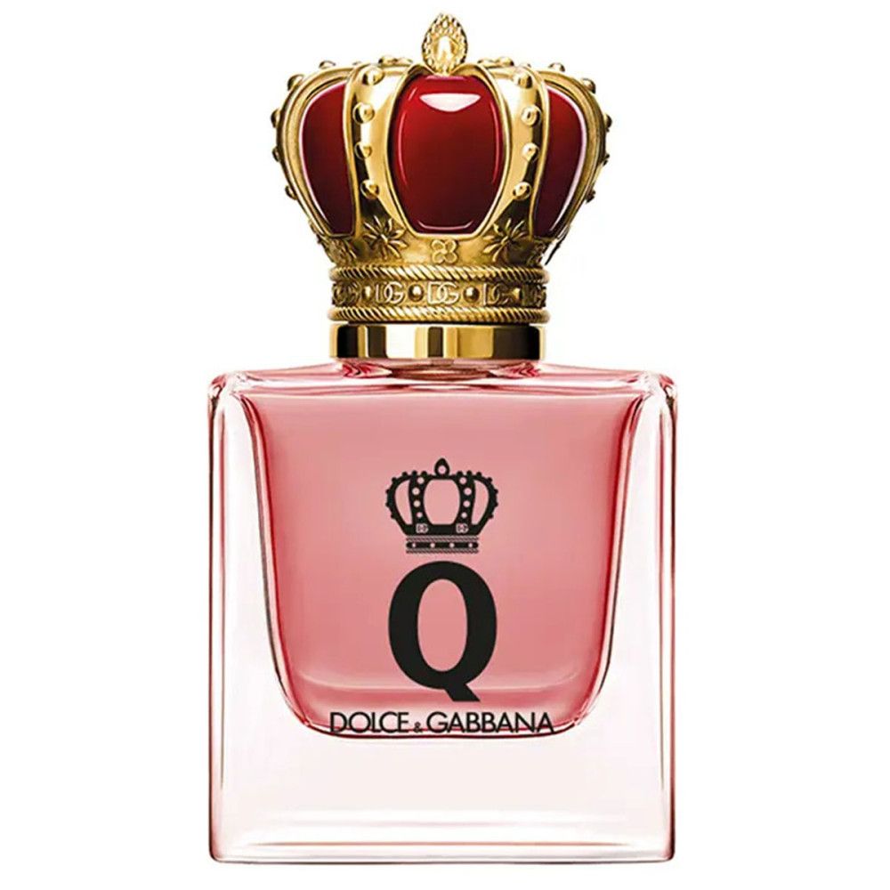 Rosa Glasflakon mit goldener Krone. Schwarzes "Q" und Krone-Logo. "DOLCE & GABBANA" Schriftzug.