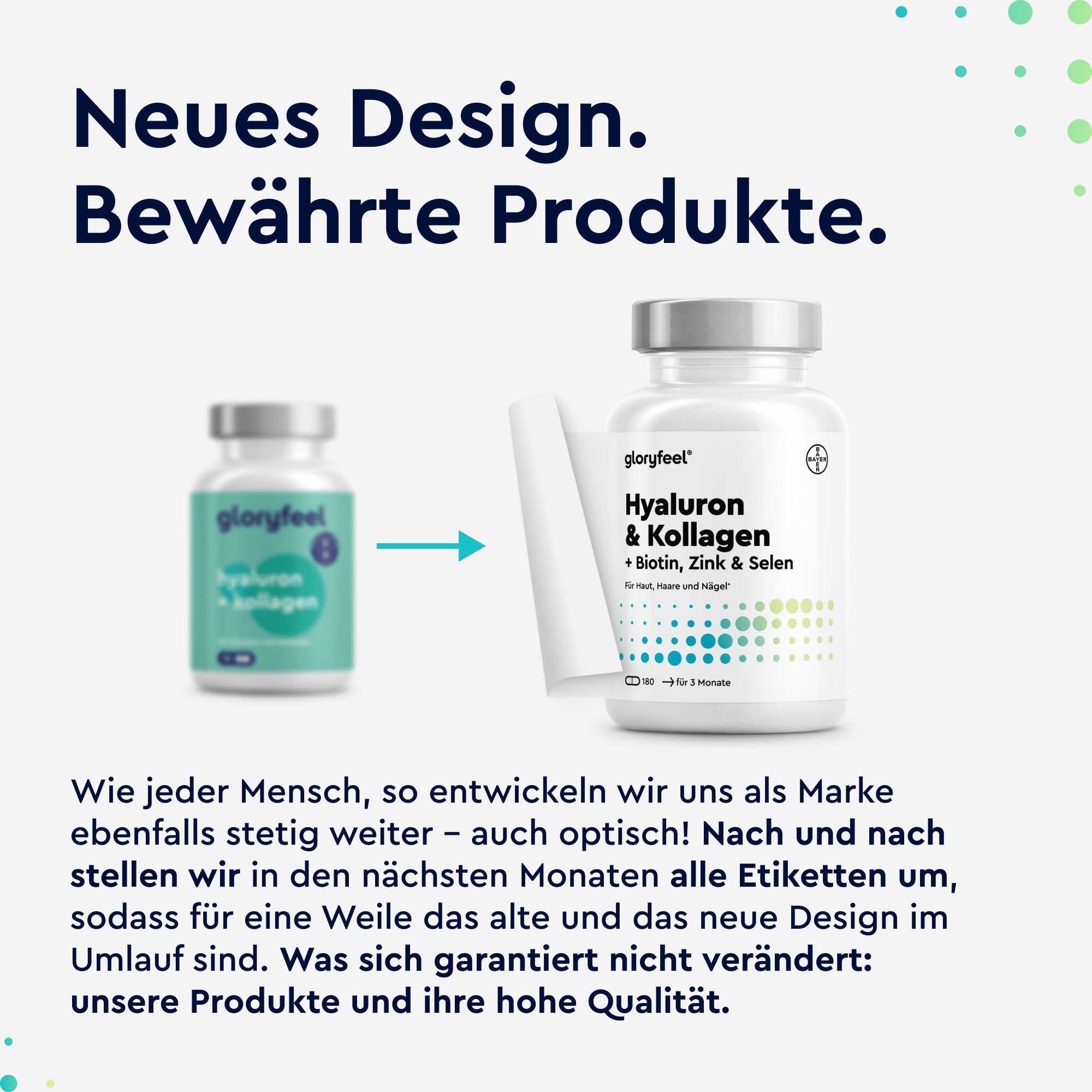 Vergleich von altem und neuem Design der gloryfeel® Hyaluron & Kollagen Kapseln. Text: Neues Design. Bewährte Produkte.