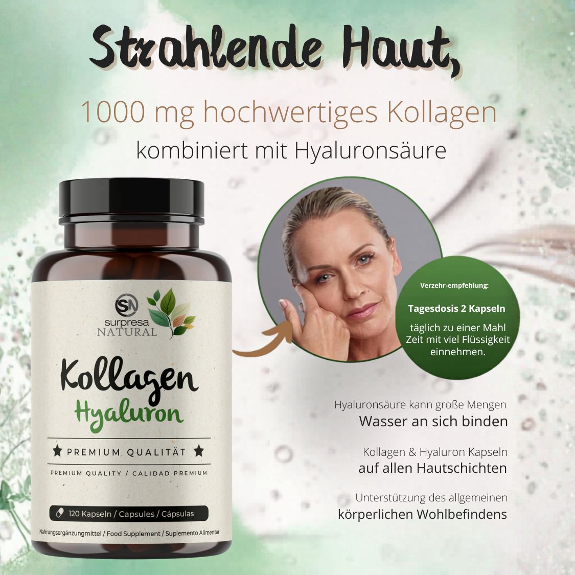 Dose Kollagen + Hyaluron Kapseln, 120 Stück, mit Abbildung einer Frau und Anwendungshinweisen.