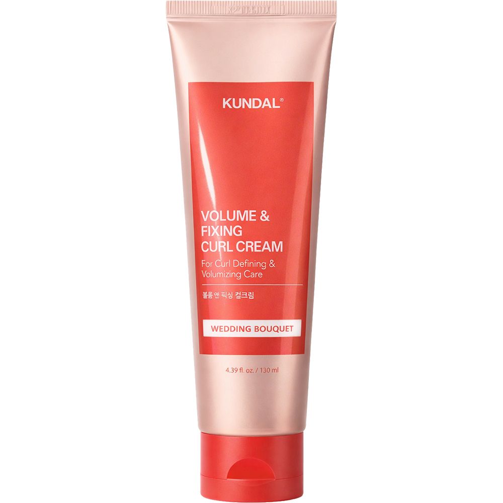 Lockencreme-Tube, rot-weiß, KUNDAL-Logo, Text: Volume & Fixing Curl Cream, Wedding Bouquet. 120 ml.