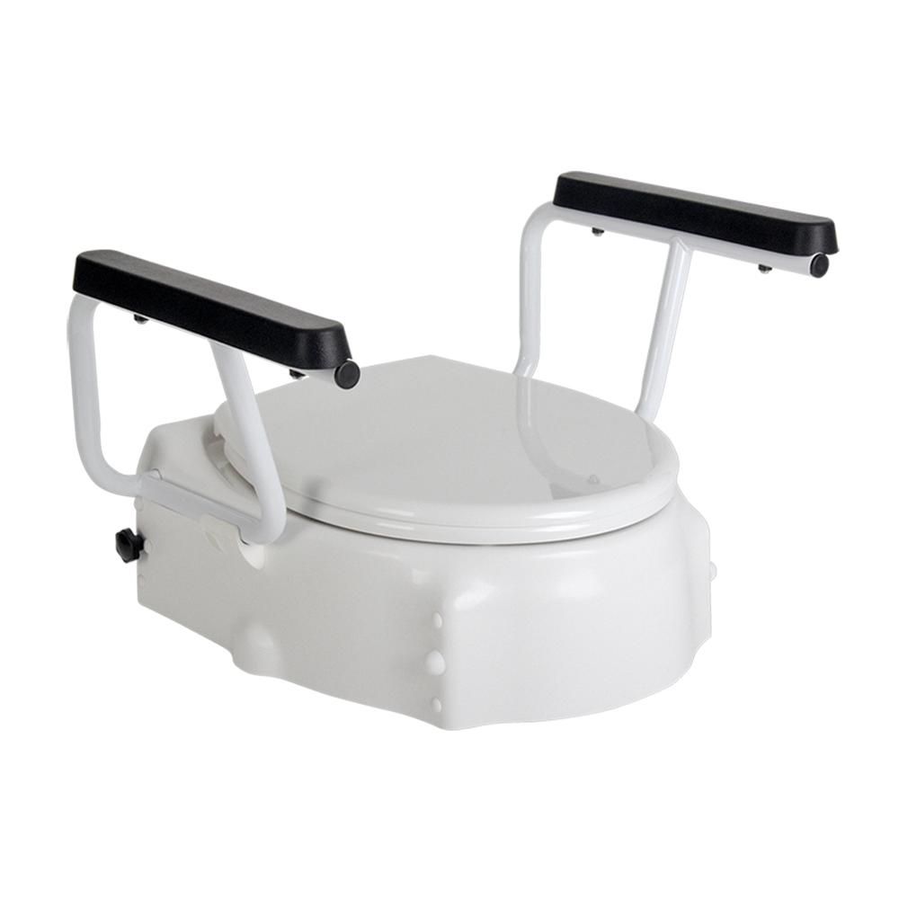 Toilettensitzerhöhung mit Armlehnen und Deckel. Weiß, mit schwarzen Armlehnen. Ossenberg.