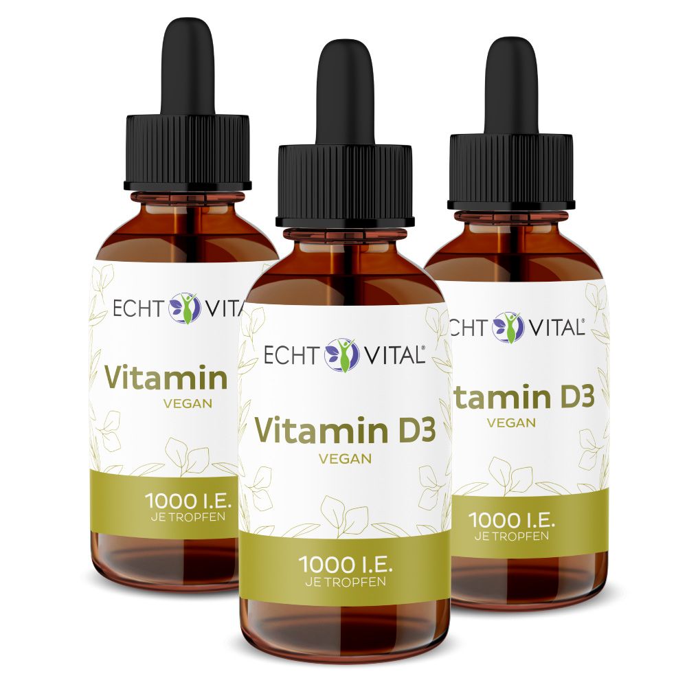 Drei braune Glasflaschen mit Tropfern. Etikett mit "Echt Vital Vitamin D3 vegan" und "1000 I.E. je Tropfen".