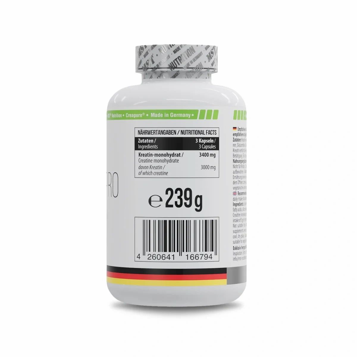 Rückseite der weißen Flasche MST Creatine Pro. Nährwertangaben, Barcode, Gewicht 239g. Flagge Deutschland.
