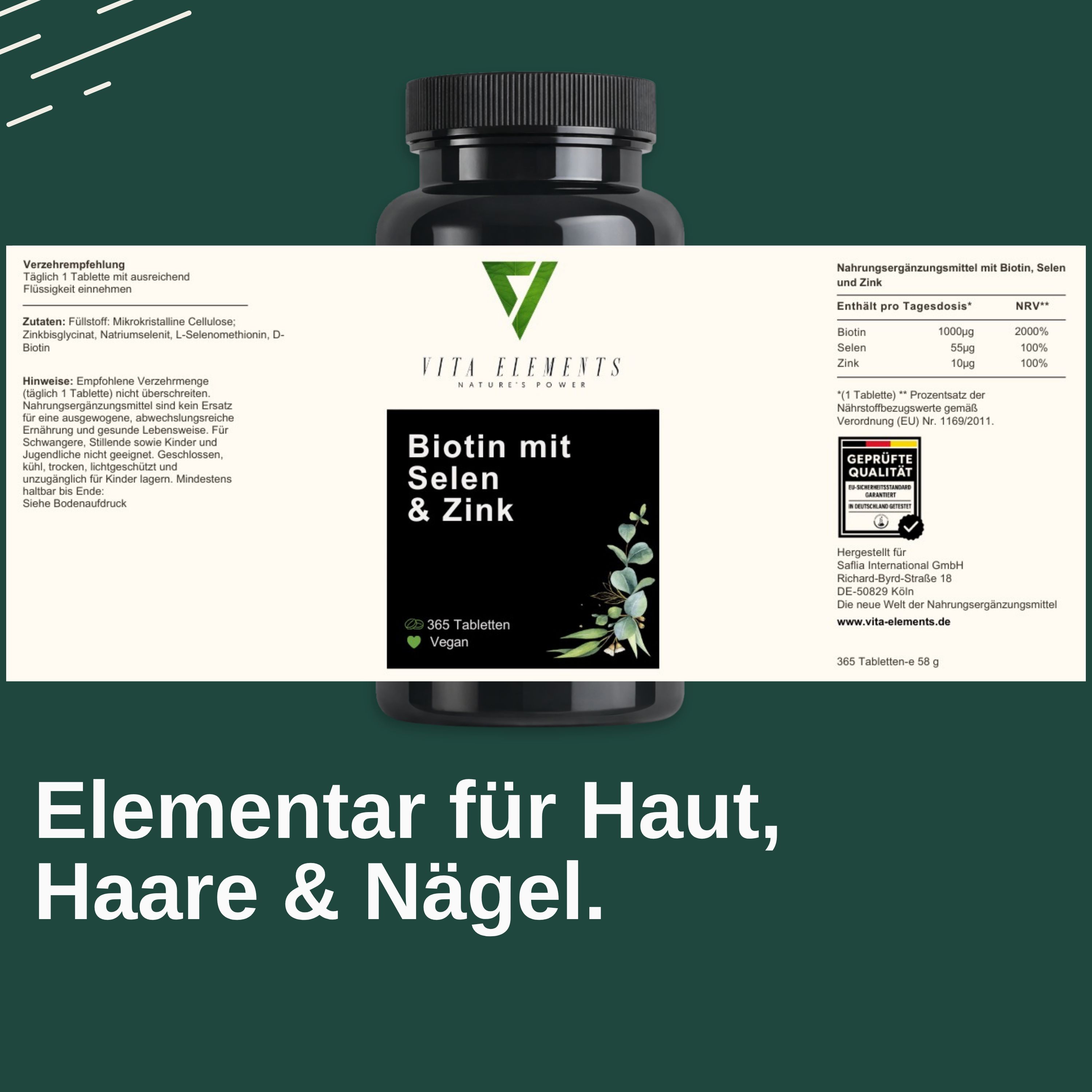 Produktflasche mit Etikett. Enthält Informationen zu Inhaltsstoffen und Nährwerten. Geprüfte Qualität.
