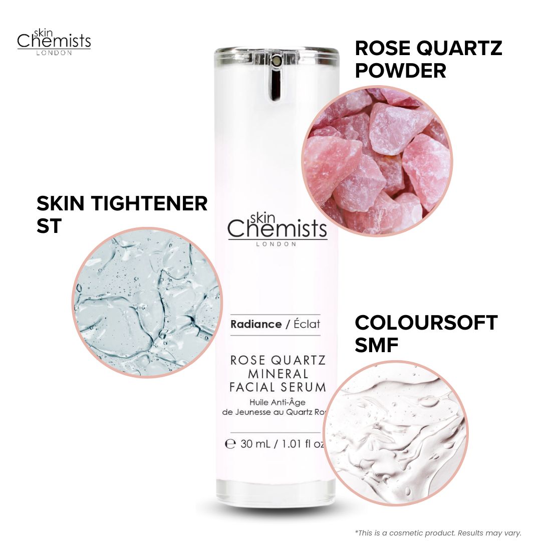 Produkt mit Inhaltsstoffen: Rose Quartz Powder, Skin Tightener, Coloursoft SMF. Flasche: Rose Quartz Mineral Facial Serum, 30 ml.