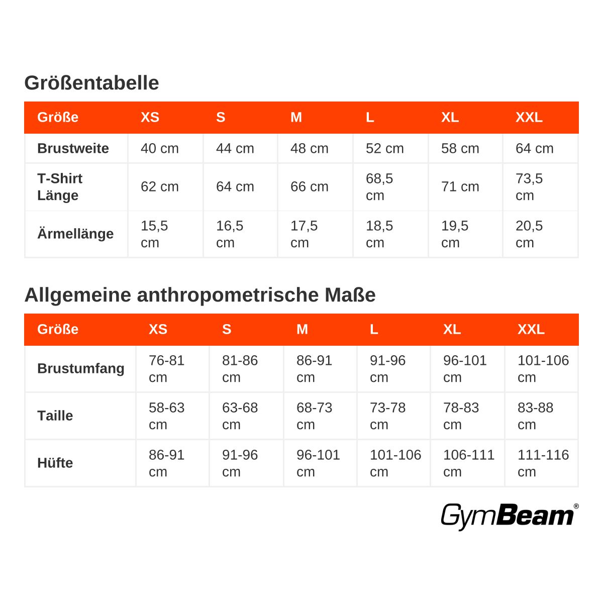 Größentabelle für Damen-T-Shirts: Maße für Brustweite, T-Shirt-Länge und Ärmellänge.