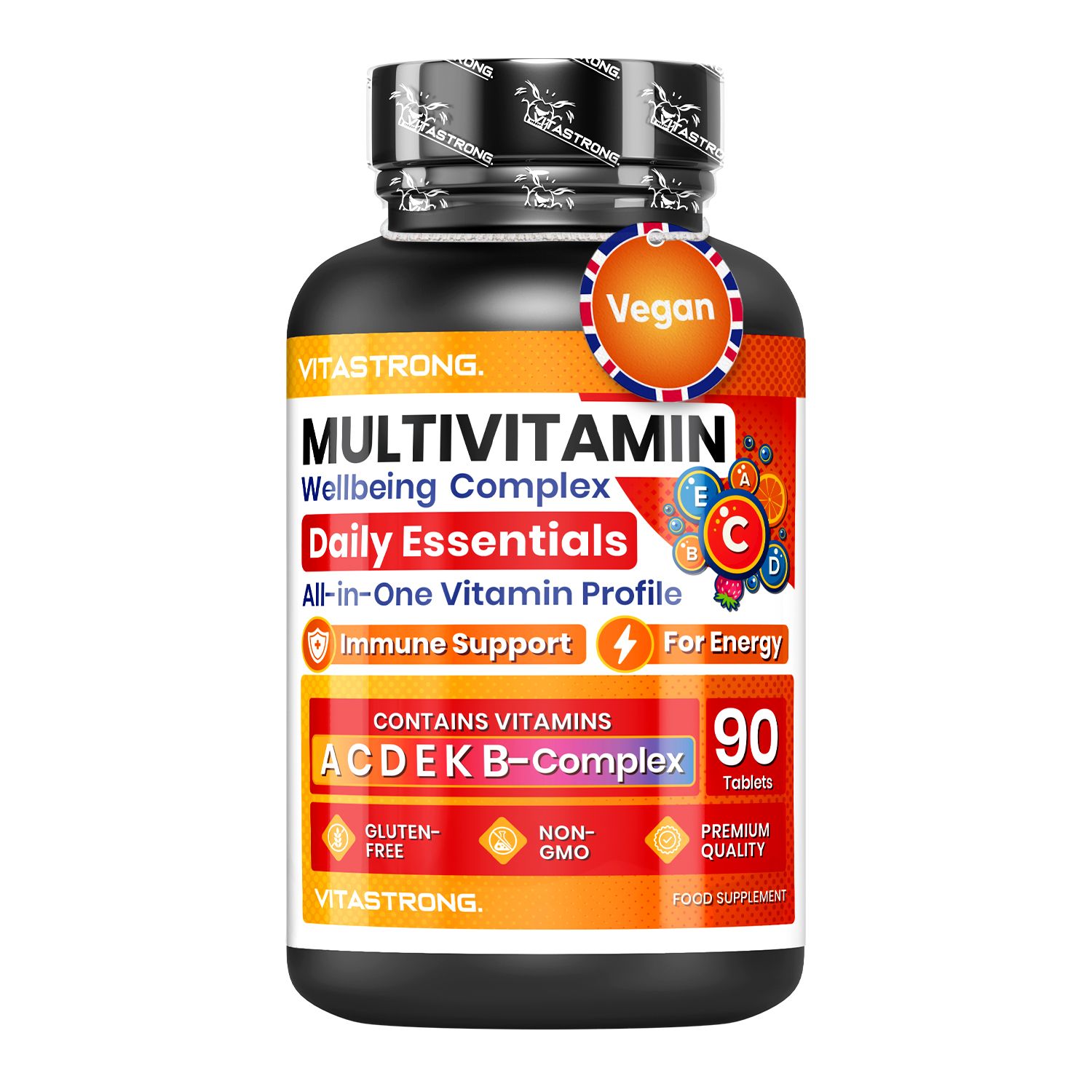 Vitastrong Multivitamin-Dose. Enthält 90 Tabletten. Vegan-Siegel. Enthält Vitamine A, C, D, E, K und B-Komplex.