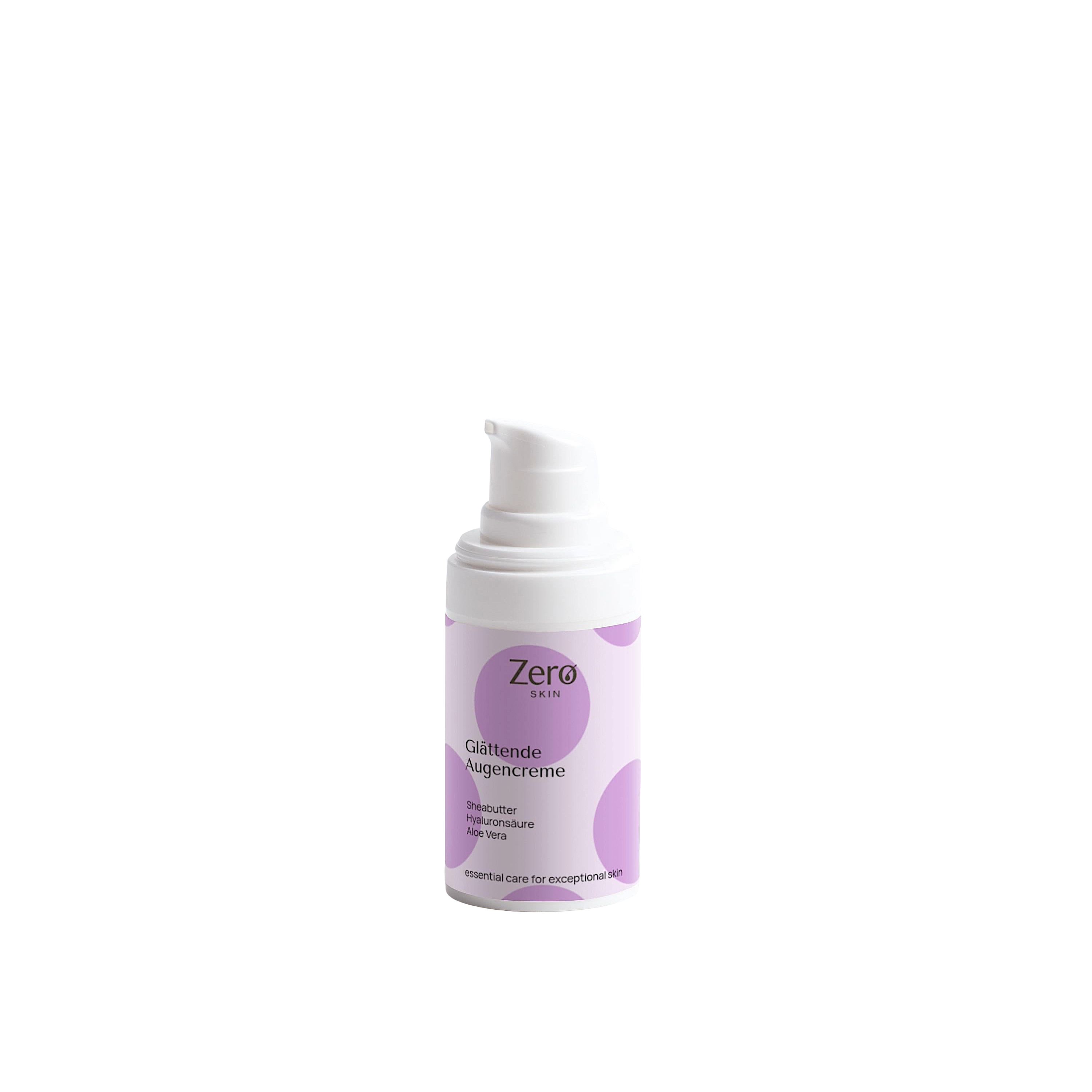 Zero Skin Glättende Augencreme in einem weißen Pumpspender mit lila Kreisen.