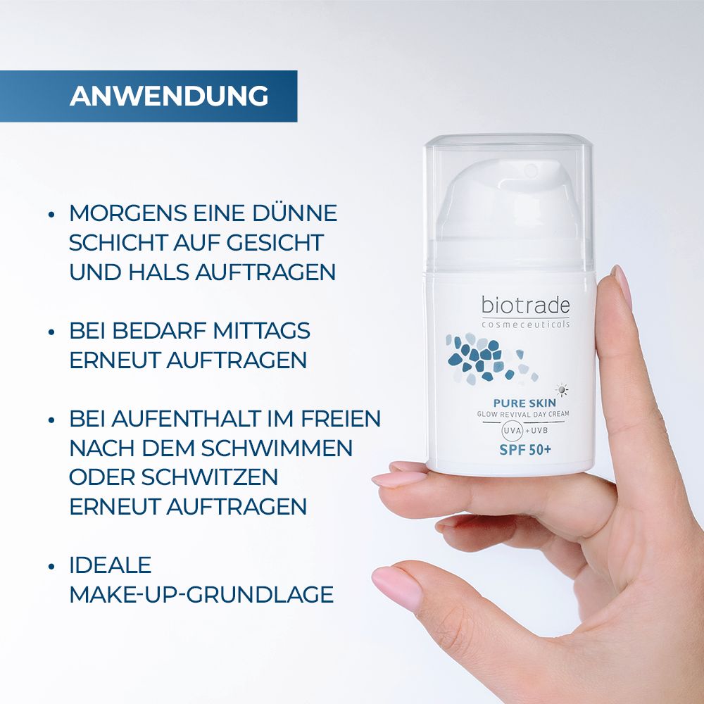 Biotrade Pure Skin Glow Revival Gesichtscreme SPF50+. Anwendung: Morgens auftragen, bei Bedarf wiederholen, nach dem Schwimmen.