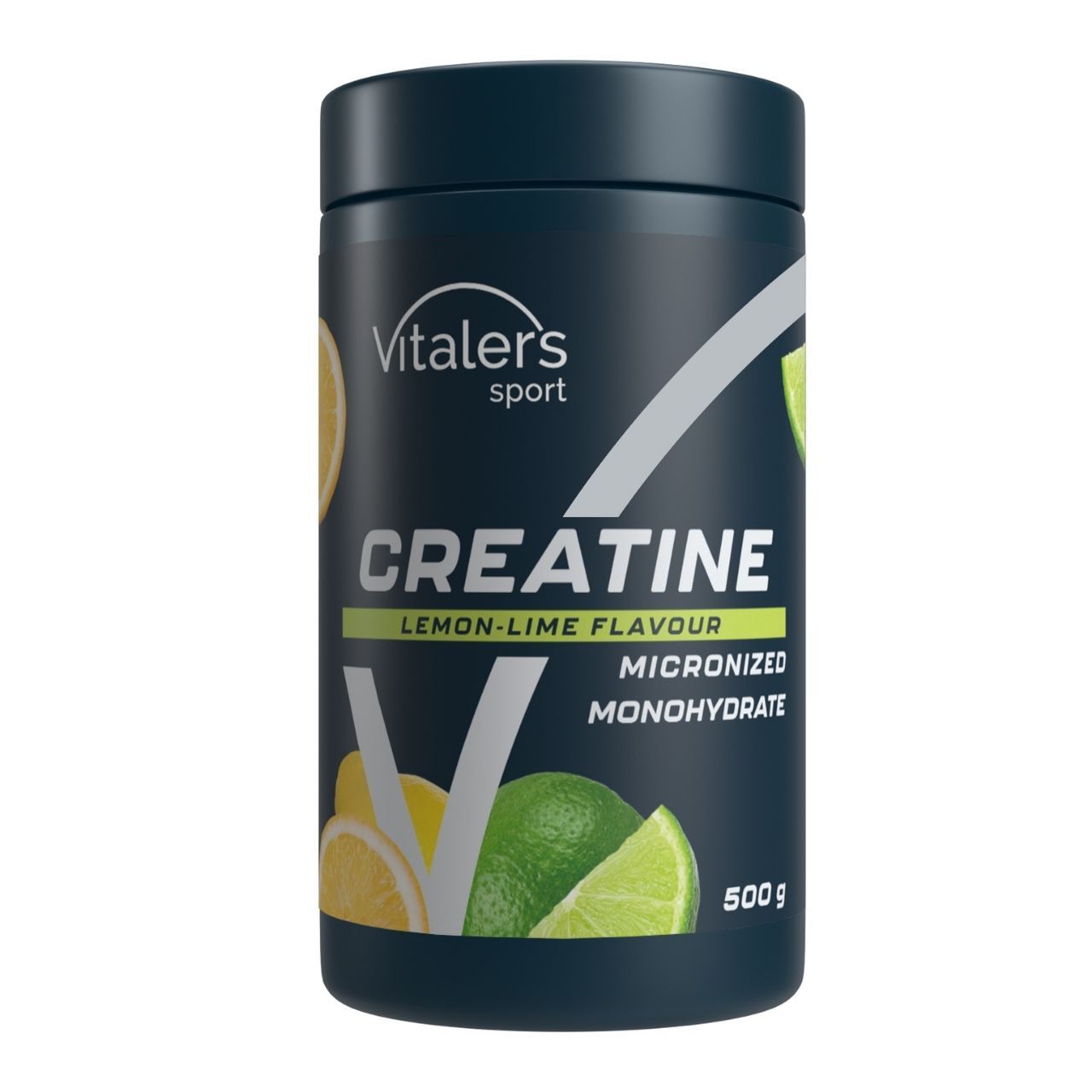 Dunkler Behälter mit Vitaler's Sport Kreatin Monohydrat, Zitronen-Limetten-Geschmack, 500g.