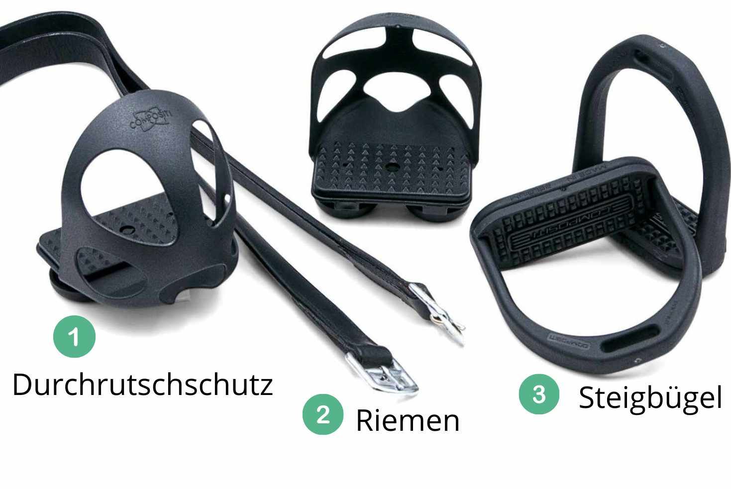 Schwarzes Sattelzubehör-Set für Kinder. Enthält Steigbügel, Riemen und Durchrutschschutz. Einzelteile mit Beschriftung.