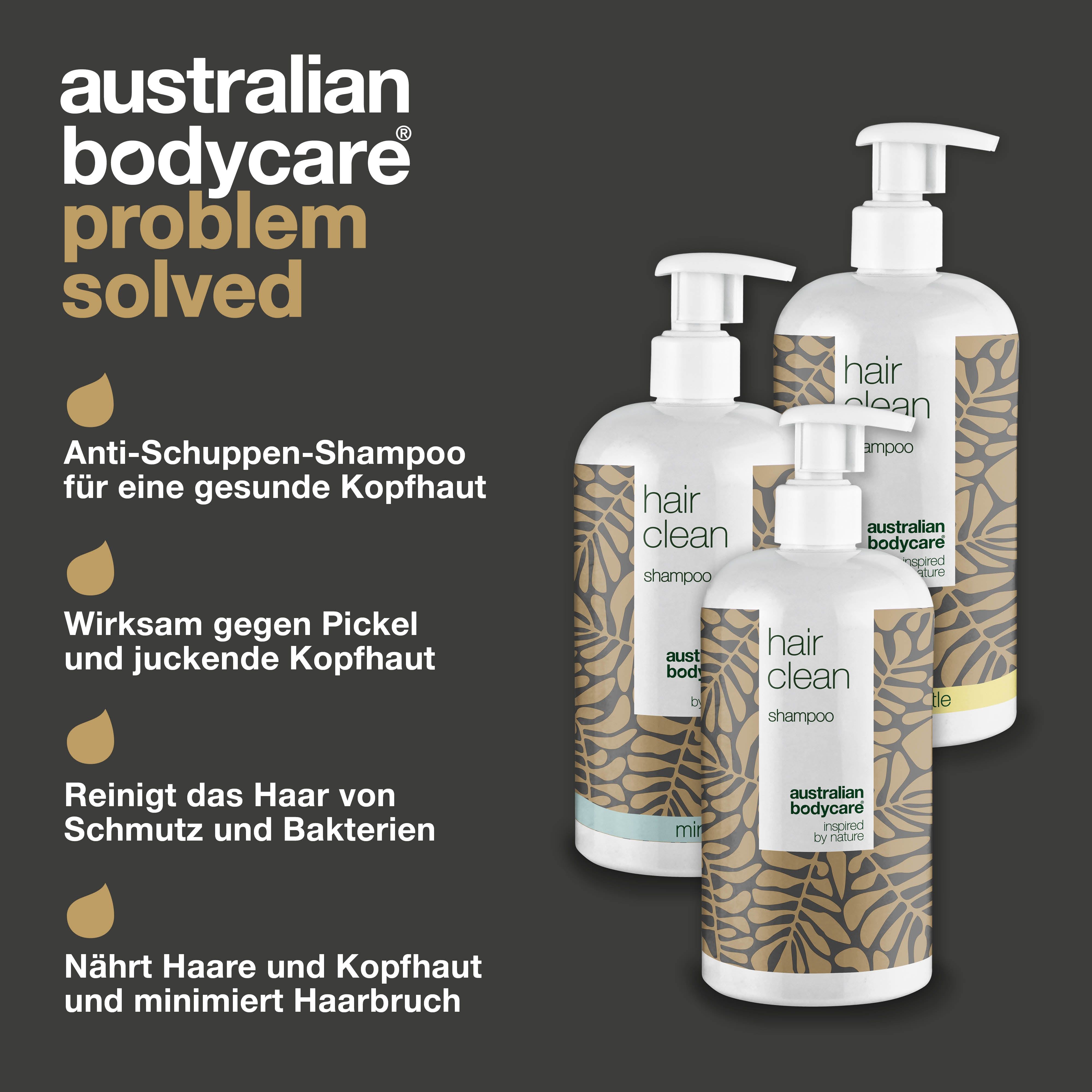 Drei Shampooflaschen: Hair Clean Shampoo. Text: Australian Bodycare Problem gelöst. Anti-Schuppen-Shampoo.