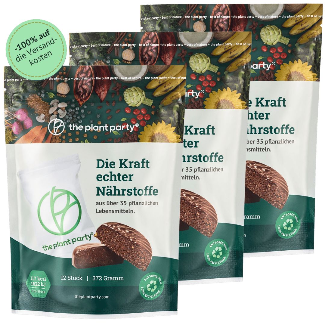 Mehrere Packungen von the plant party®-Riegeln. Aufdruck: Die Kraft echter Nährstoffe, 12 Stück, 372 Gramm.