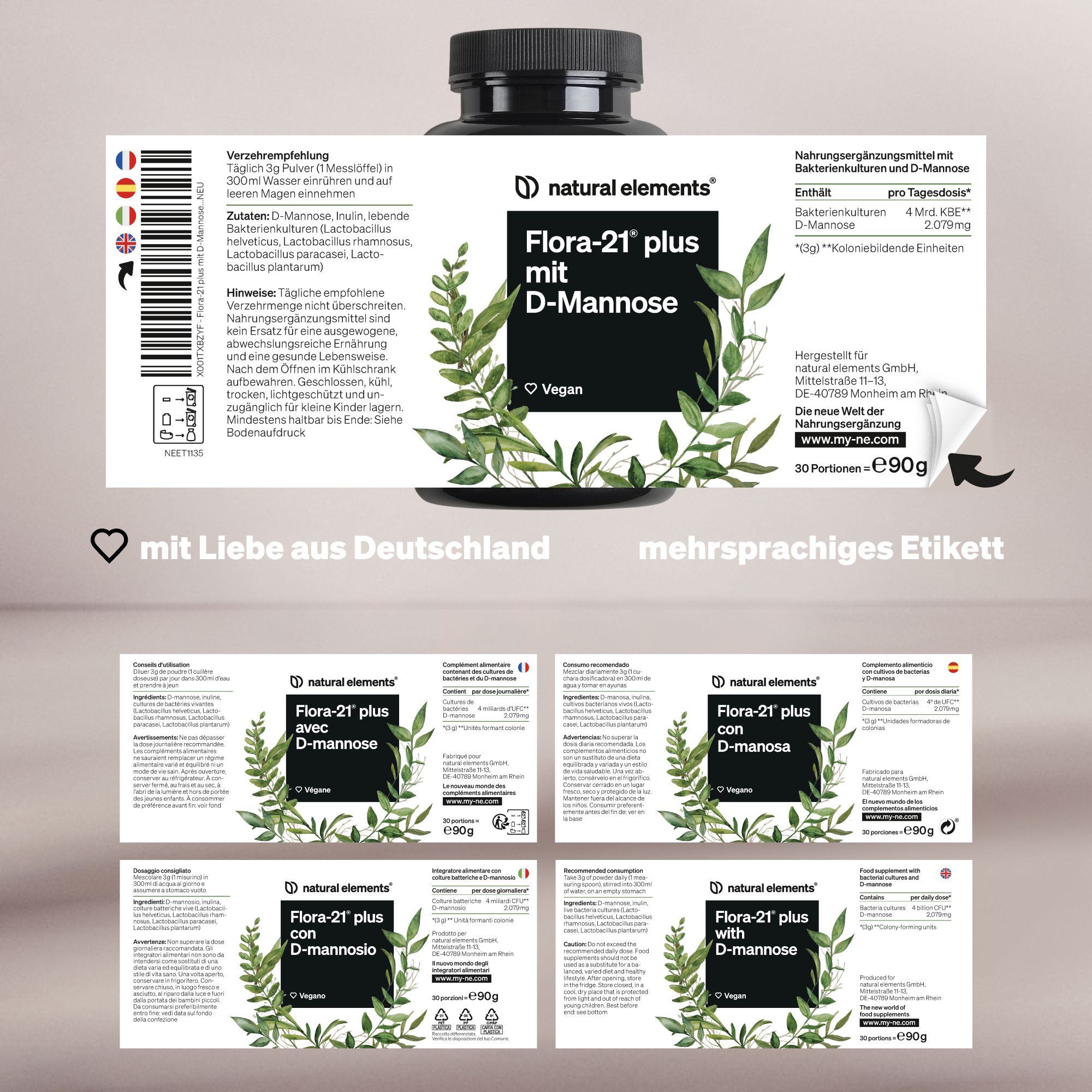 Mehrsprachiges Etikett mit Produktinformationen. Enthält Text in Deutsch, Italienisch, Niederländisch und Französisch. Mit Liebe aus Deutschland.