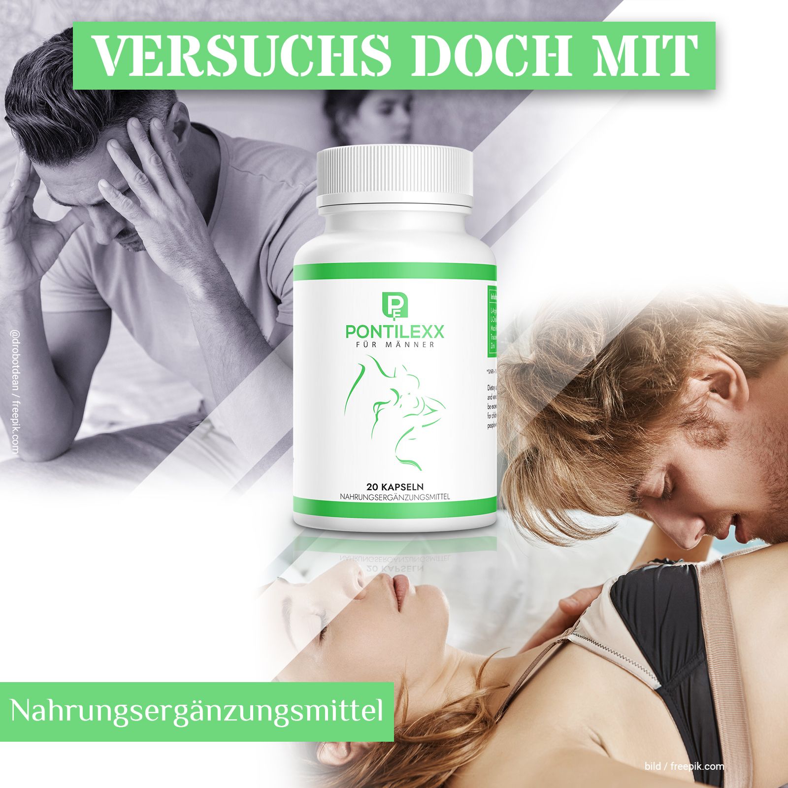 Weiße Flasche mit grünem Etikett. Aufschrift: Pontilexx für Männer. 30 Kapseln. Nahrungsergänzungsmittel. Abbildung von Paaren.
