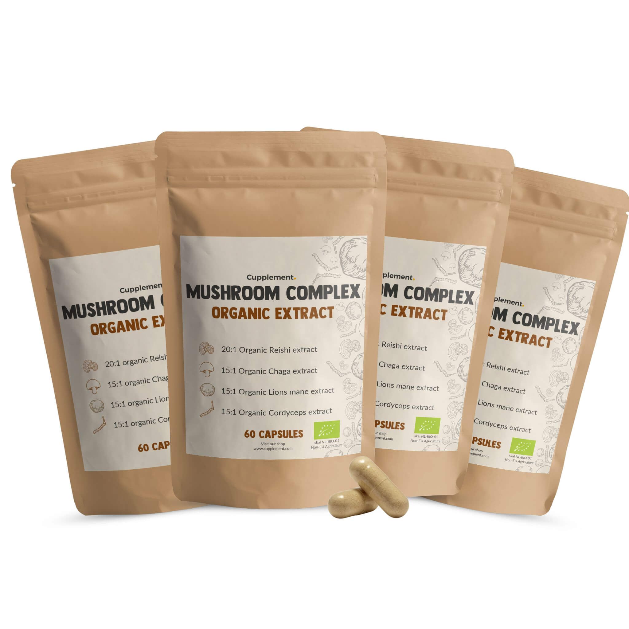 Mehrere Beutel mit Pilzkomplex-Kapseln. Aufschrift: Mushroom Complex Organic Extract. 60 Kapseln.