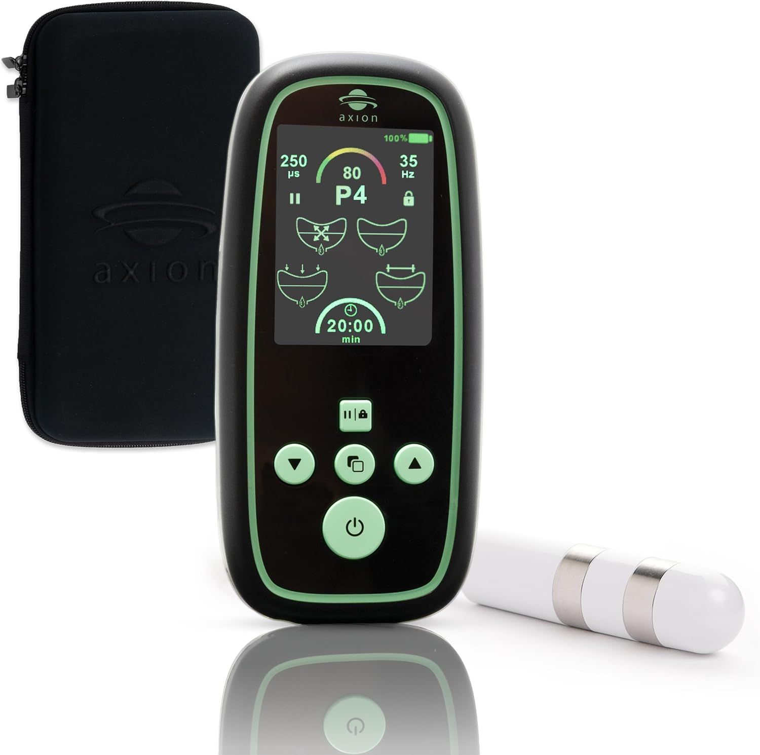 Schwarzes axion® I-3000 Beckenbodentrainer-Gerät mit Display, Zubehör und schwarzer Tasche. Weißes Zubehörteil.