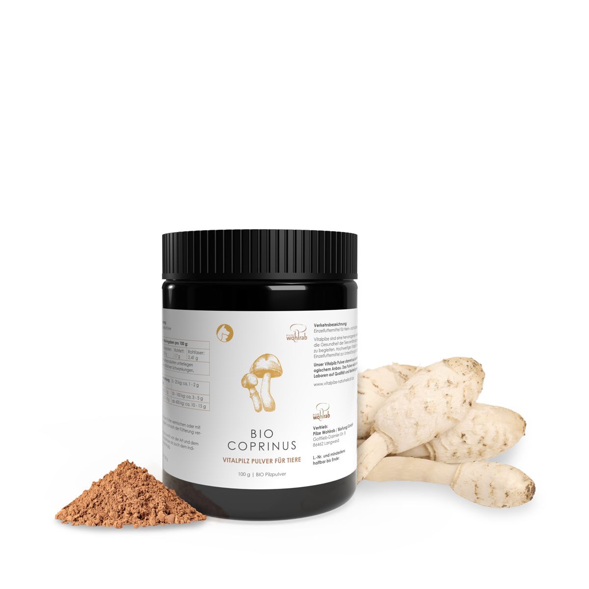 Schwarze Dose mit weißem Etikett. BIO Coprinus Vitalpilz Pulver für Tiere. Braunes Pulver und Pilze daneben.