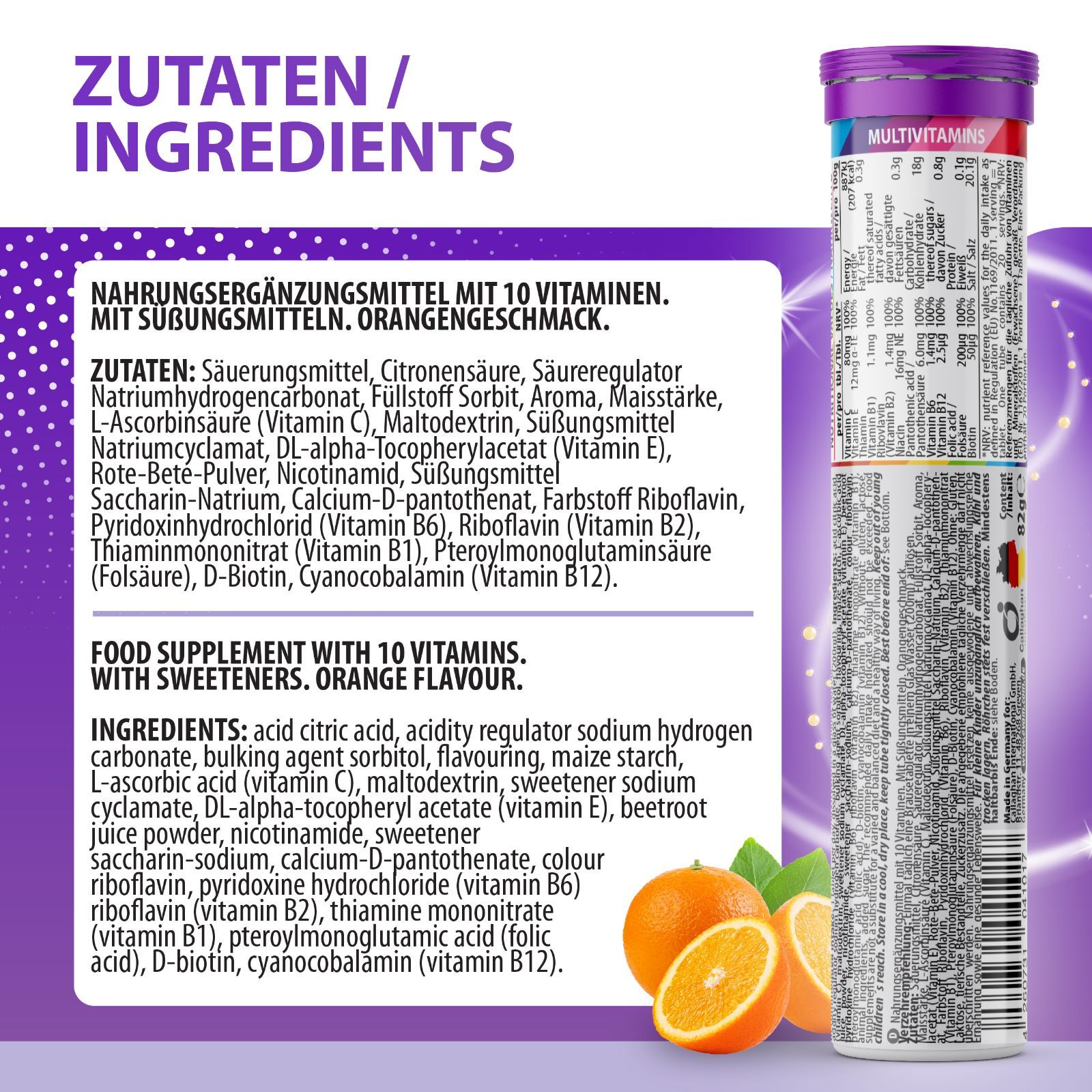 Nahaufnahme der Zutatenliste von EVÄM Multivitamin Brausetabletten. Enthält 10 Vitamine. Orangengeschmack. Mit Süßungsmitteln.
