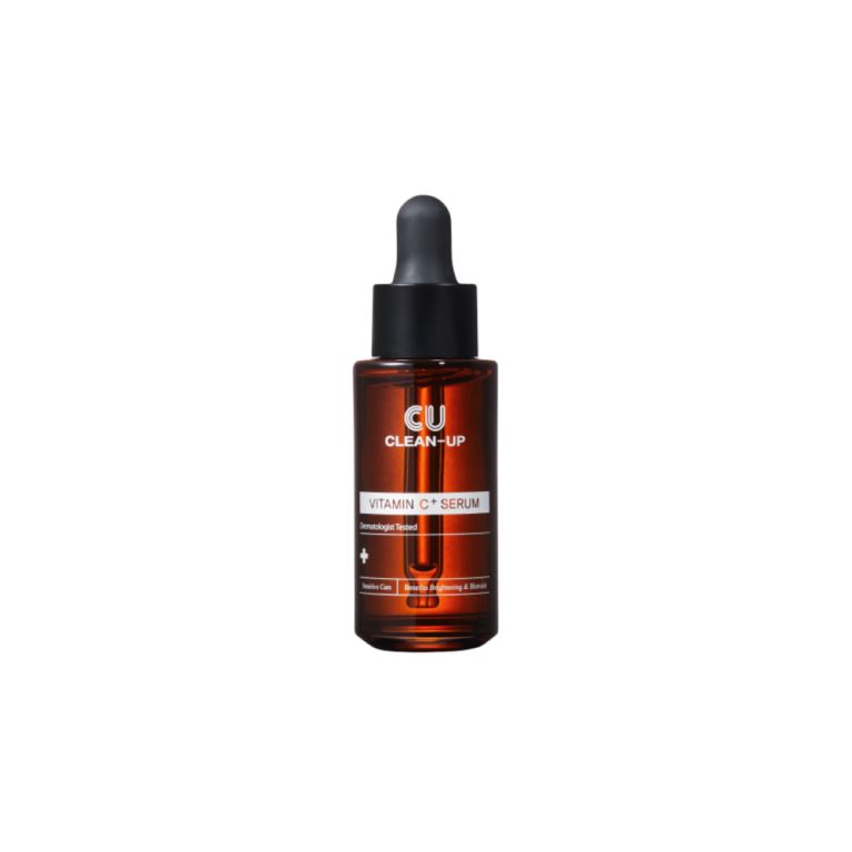 Braune Glasflasche mit schwarzem Tropfer. Aufschrift: CU CLEAN-UP, Vitamin C Serum. Dermatologisch getestet.
