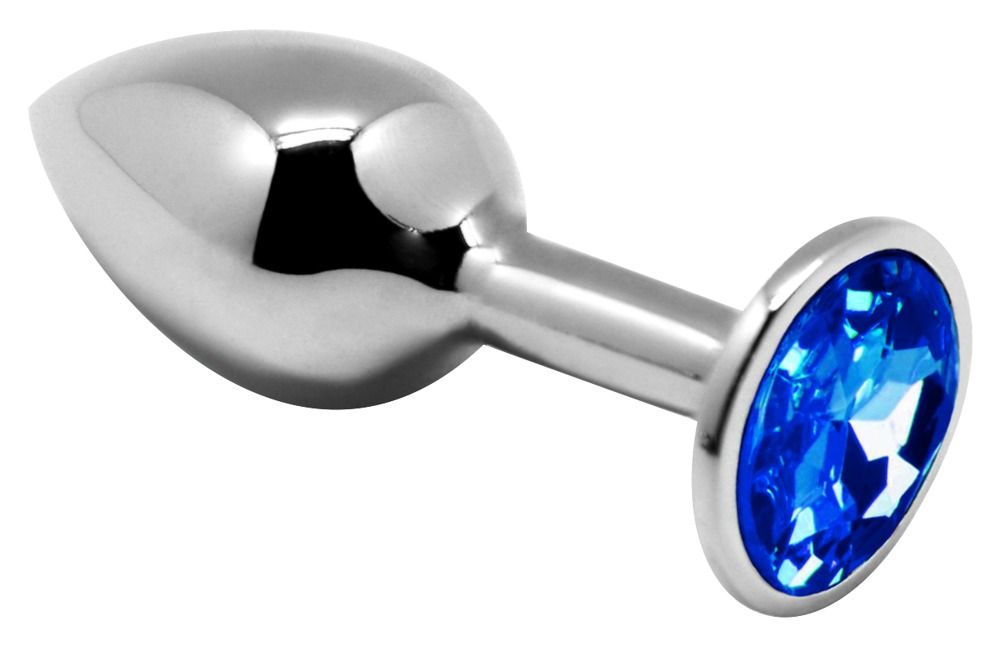 Metall-Analplug mit blauem Schmuckstein. Silberfarbenes Metall, blauer Stein.