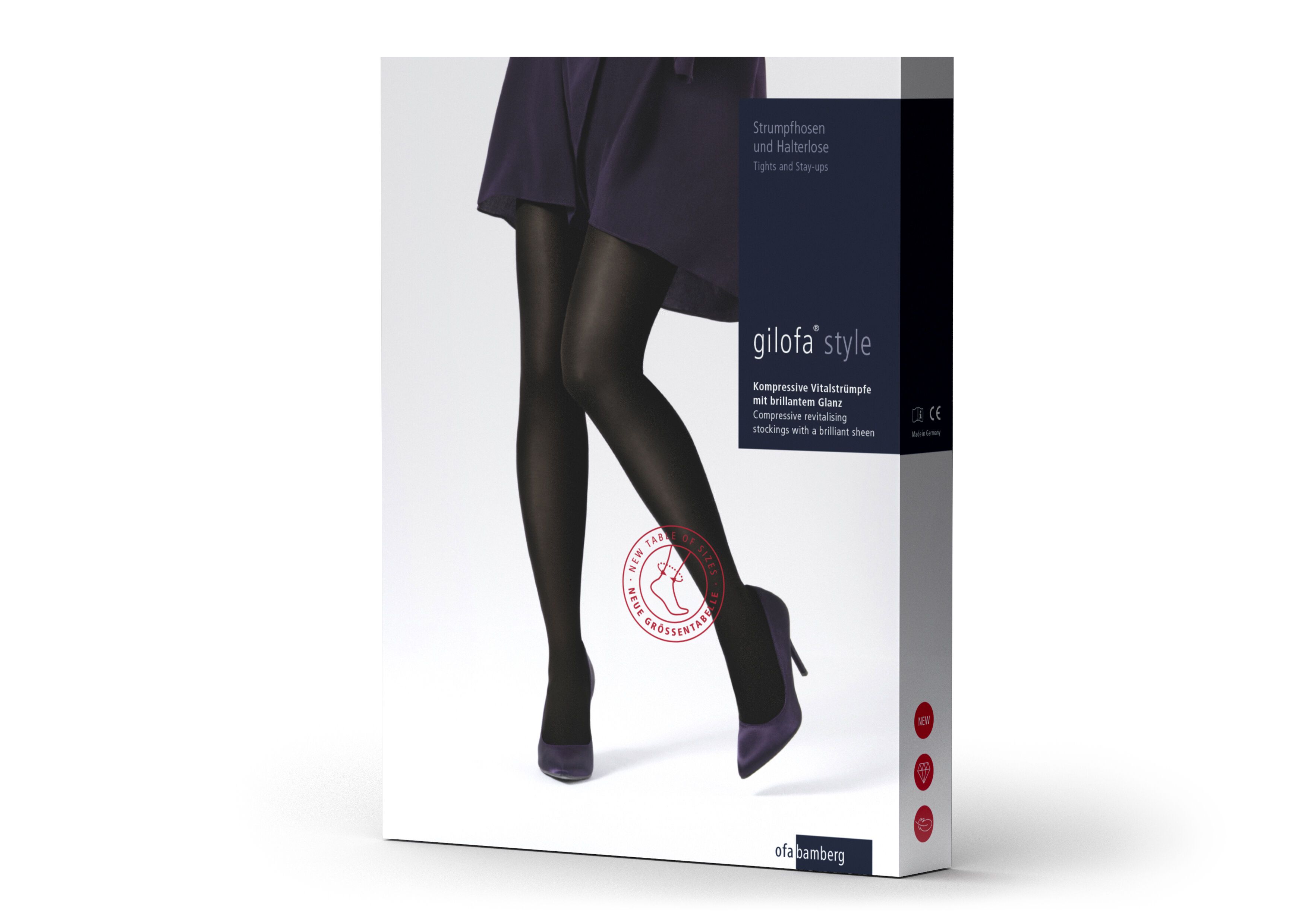 Verpackung von Gilofa Style Halterlose Strümpfe. Die Verpackung zeigt eine Person mit Strümpfen. Der Markenname ist sichtbar.