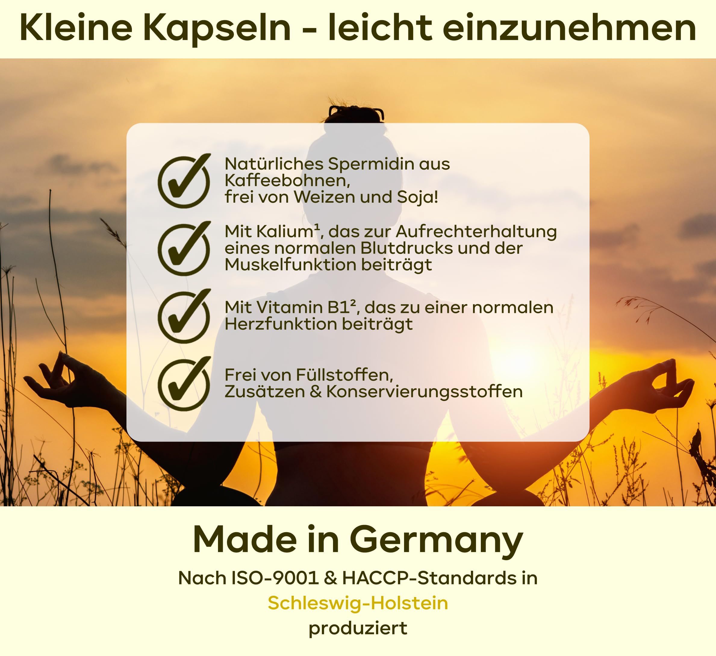 Text mit grünen Häkchen: Natürliches Spermidin, frei von Weizen & Soja, mit Kalium, mit Vitamin B12, frei von Füllstoffen. Made in Schleswig-Holstein.