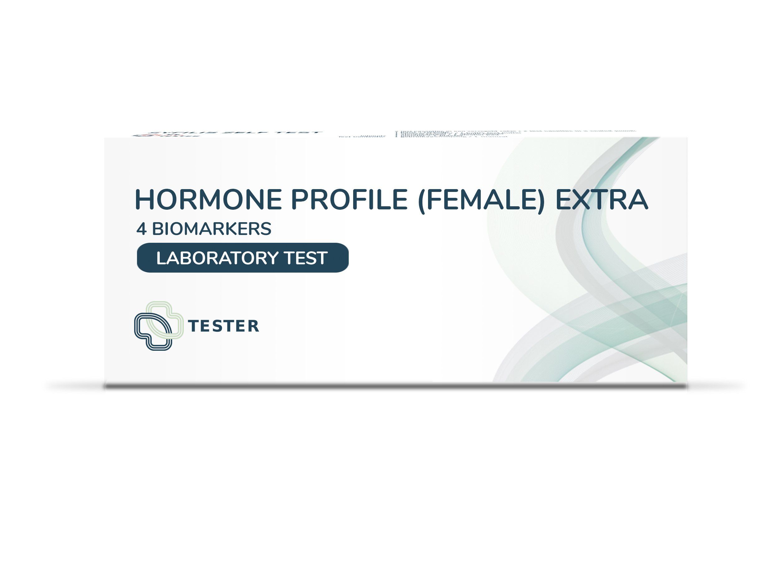 Weißer Karton mit Aufschrift "Hormonprofil (Female) Extra". Enthält 4 Biomarker und einen Labortest. Logo von Tester.