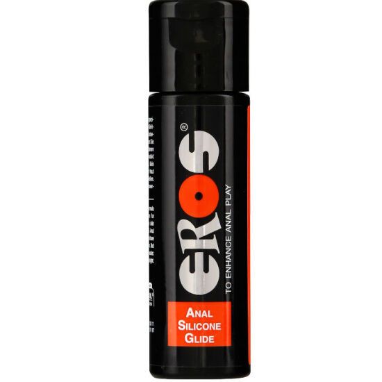 Schwarze Flasche mit schwarzem Deckel. Aufschrift: EROS, Anal Silicone Glide. Orangefarbener Hintergrund.
