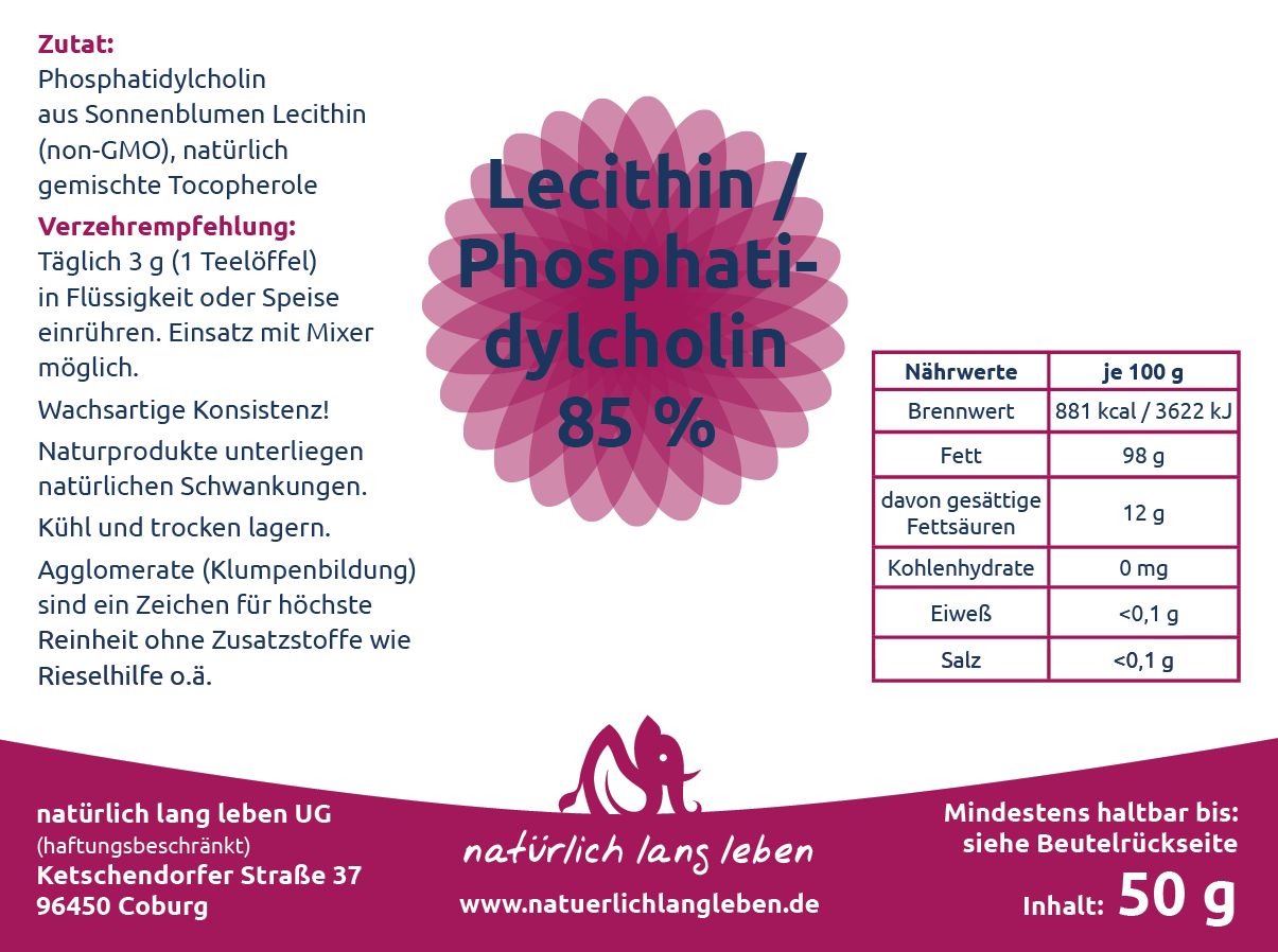 Etikett mit Produktinformationen. Text: Lecithin / Phosphatidylcholin 85 %. Nährwertangaben. Marke: natürlich lang leben.