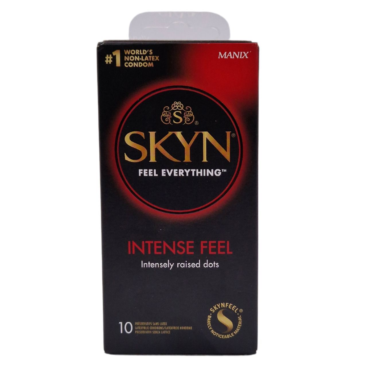 Schwarze Schachtel mit SKYN-Logo und rotem Kreis. "Intense Feel" und "10" sind sichtbar. Frontansicht.