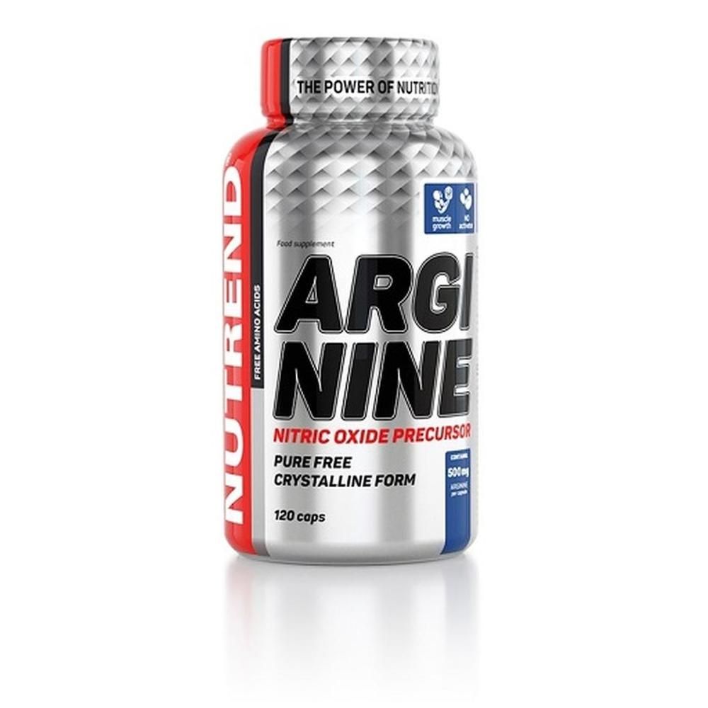Zylindrische Flasche mit Kapseln. Aufschrift: Arginine, Nitric Oxide Precursor, 120 Kapseln. Marke: Nutrend.
