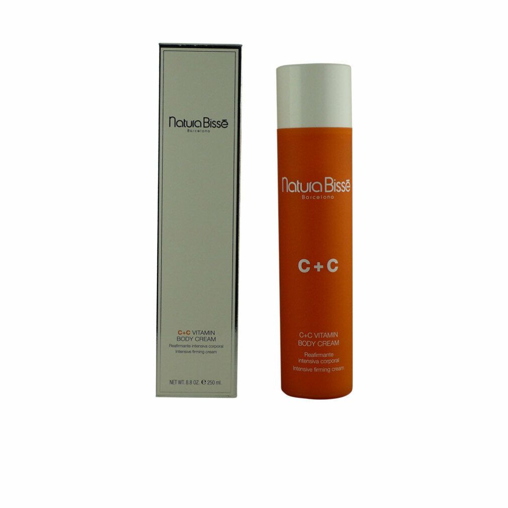 Orangefarbene Körpercreme-Tube mit weißem Deckel und Karton. Aufschrift: Natura Bissé, C+C Vitamin Body Cream.
