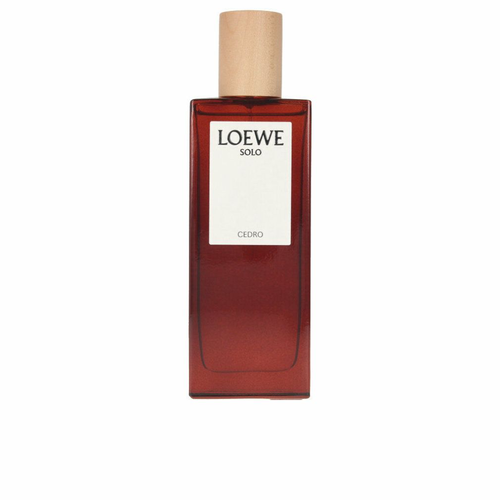 Braune rechteckige Flasche mit Holzverschluss. Auf dem Etikett steht "LOEWE SOLO CEDRO".