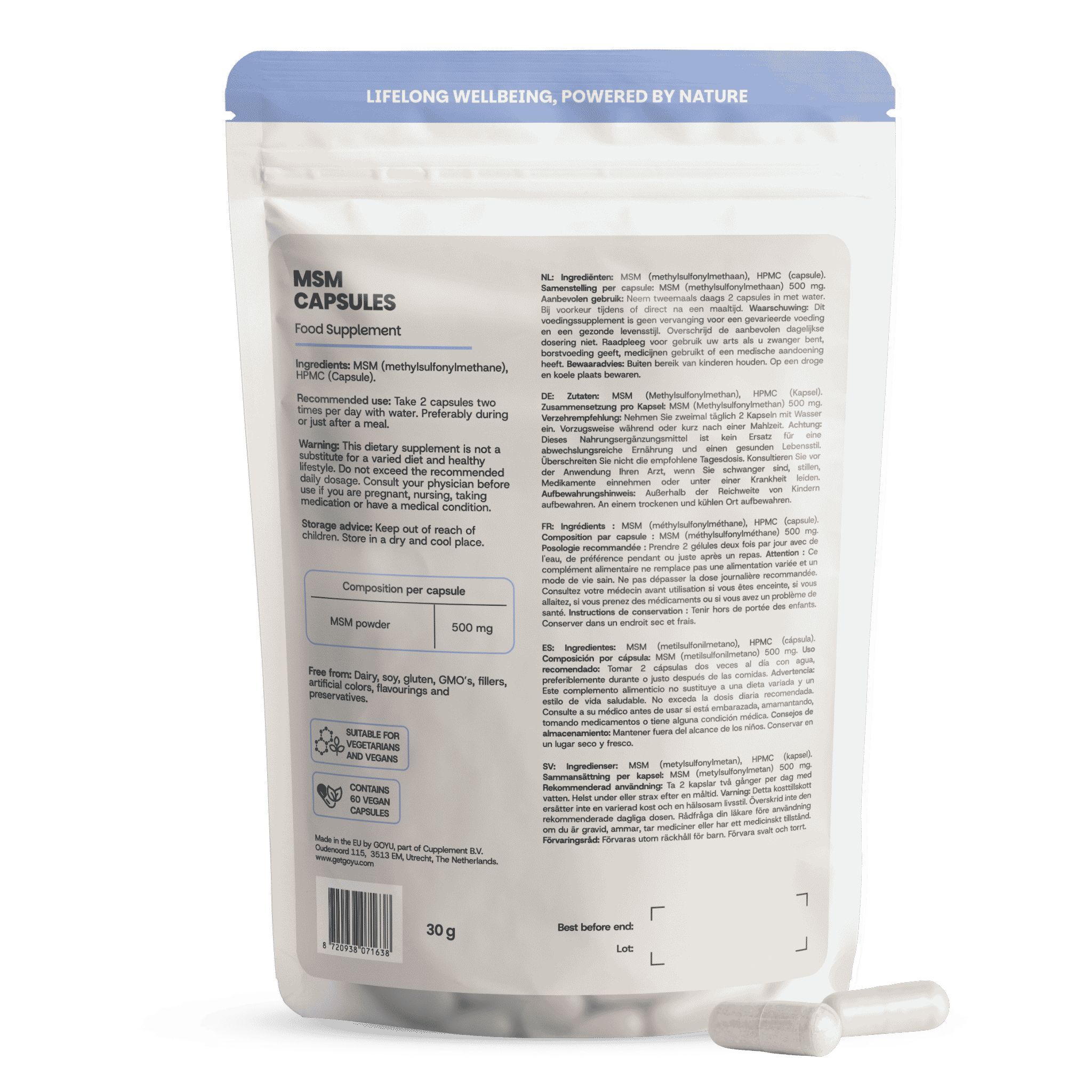 Packung mit MSM-Kapseln, 30g. Enthält Methylsulfonylmethan (MSM). Frei von Laktose, Gluten, GMOs.