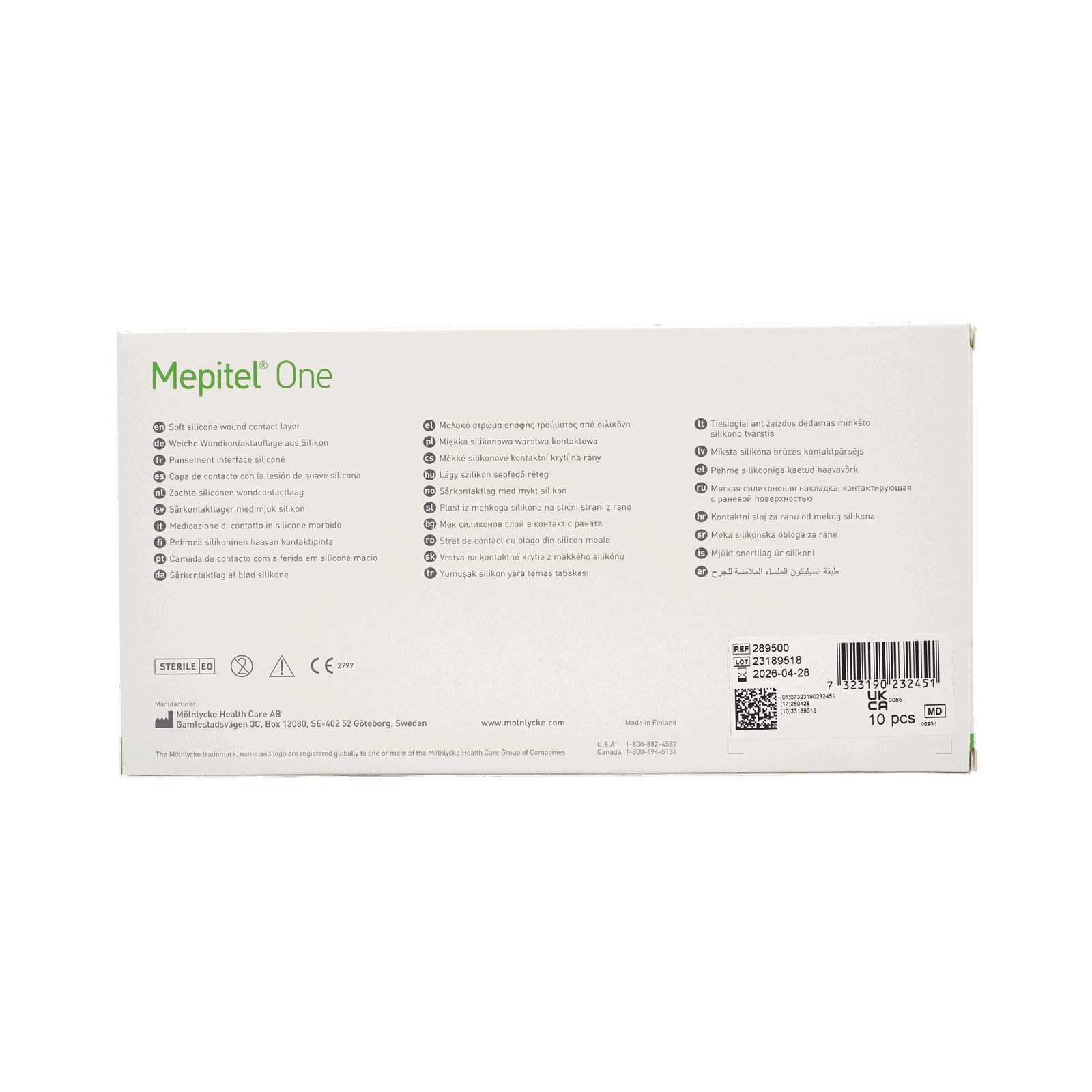 Rückseite der Mepitel One Verpackung. Text in mehreren Sprachen. Barcode und Chargennummer.