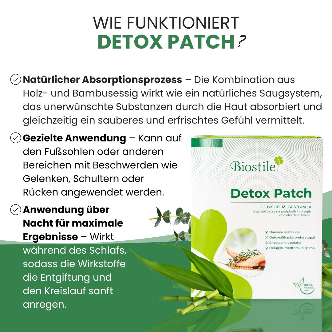 Biostile Detox Patch Packung mit Bambus, Text über den natürlichen Absorptionsprozess.